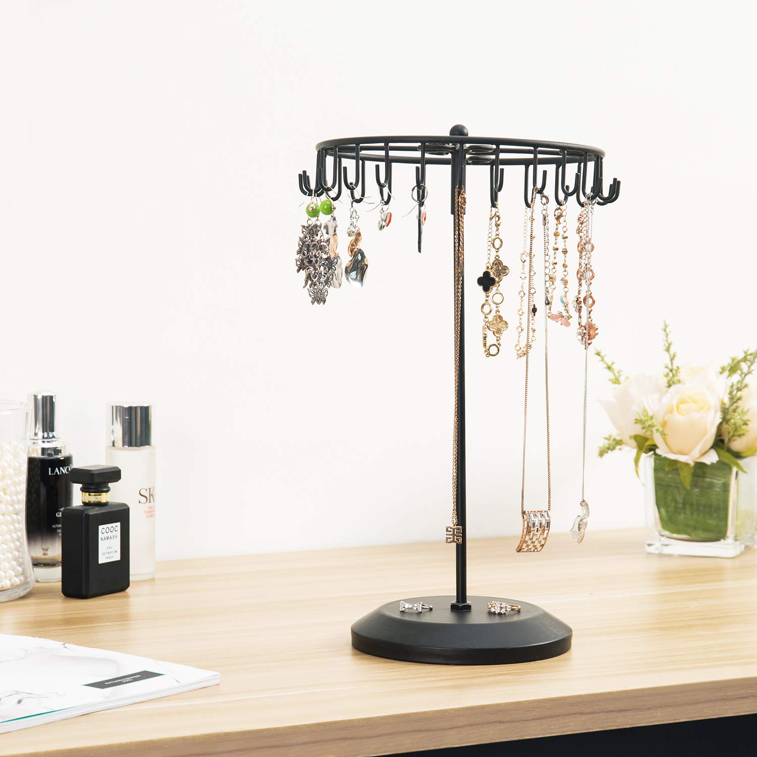 MyGift Black Metal Rotating Jewelry Stand Organizer - 24 Hook Freestanding Display Tree for Bracelets, Necklaces & Earrings | Perfect for Bedroom, Boutique & Jewelry Store Organization