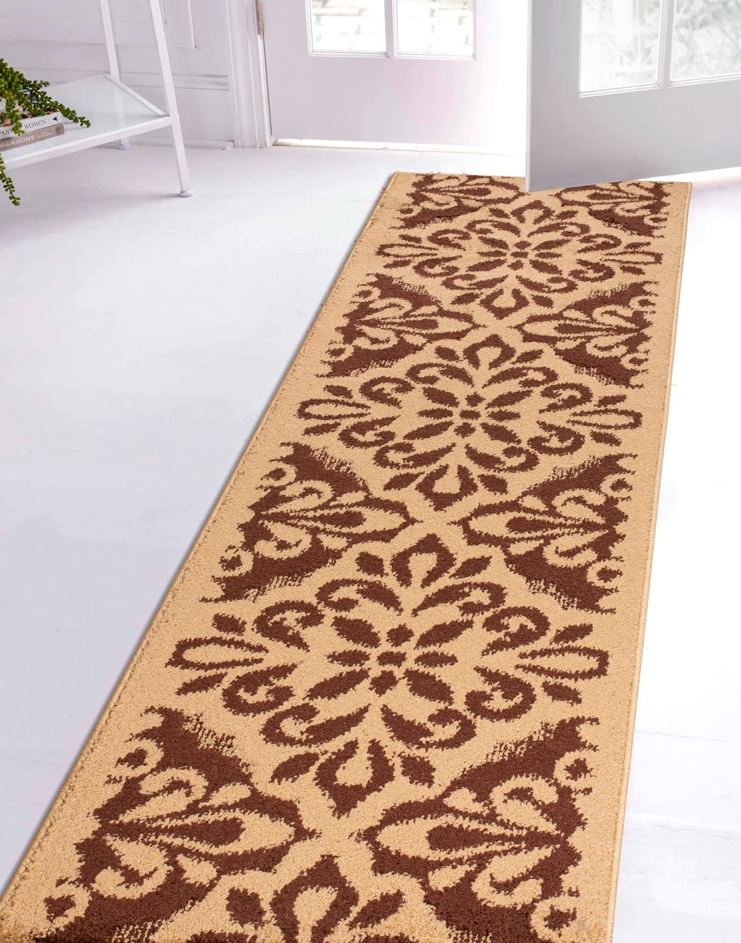 Pet-Friendly Stain-Resistant Anti-Slip Runner Rug - Non-Adhesive Non-Shedding Durable Frieze Carpet for Wide Hallways, Entryways & Kitchens | Medallion Beige, 31