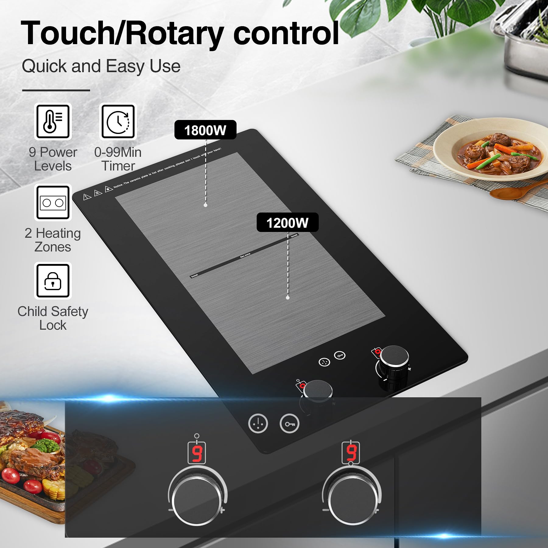 VBGK 12 Inch 3000W Double Induction Cooktop - 2 Burner Electric Stove with Rotary & Touch Controls, 9 Power Levels, Child Lock & Timer - Perfect for Home Kitchen, RV Cooking & Small Spaces (110V)