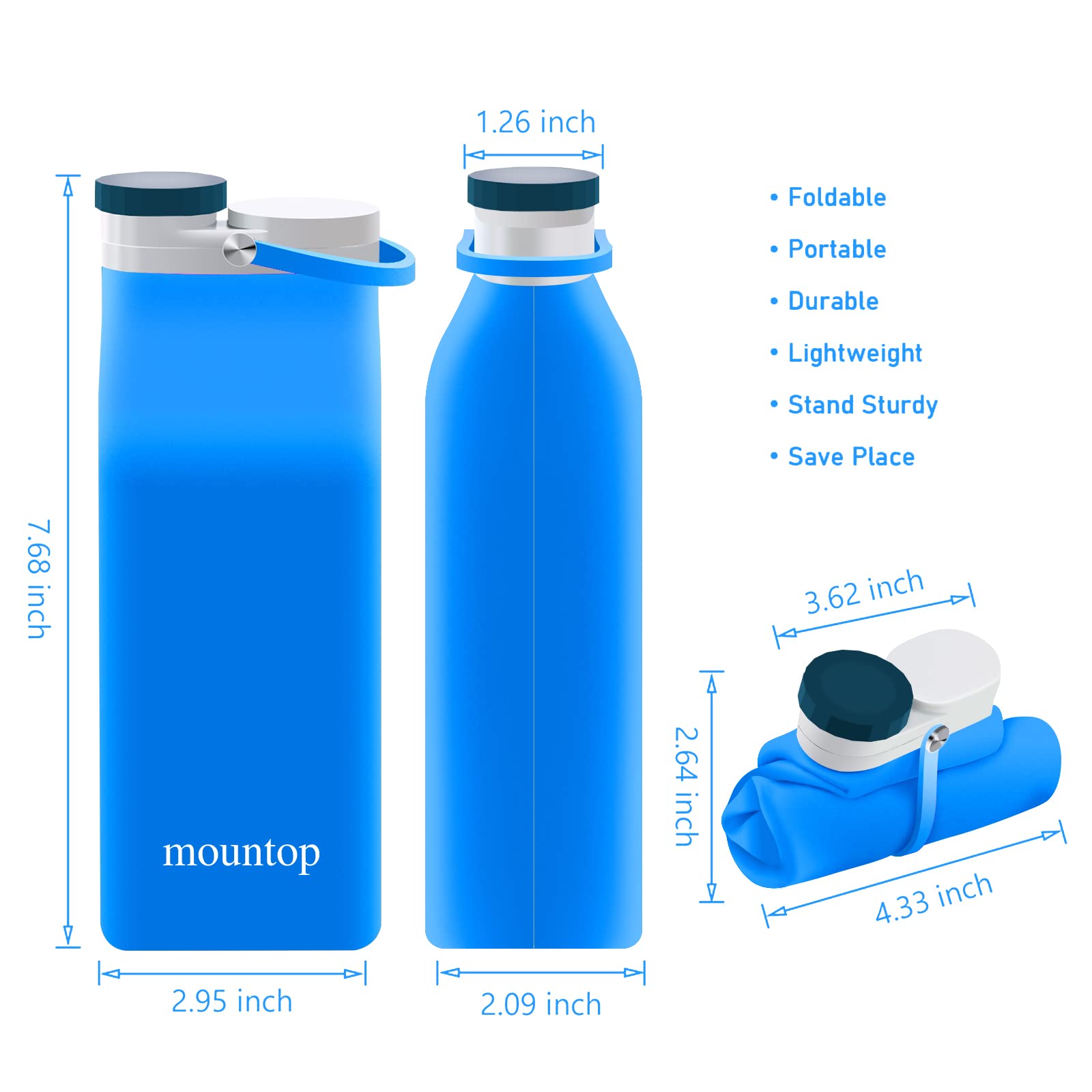 Mountop Collapsible Water Bottle 20oz - BPA Free, Leak Proof, Portable & Foldable Silicone Bottle for Travel, Running, Hiking, Gym & Outdoor Activities - Dark Blue
