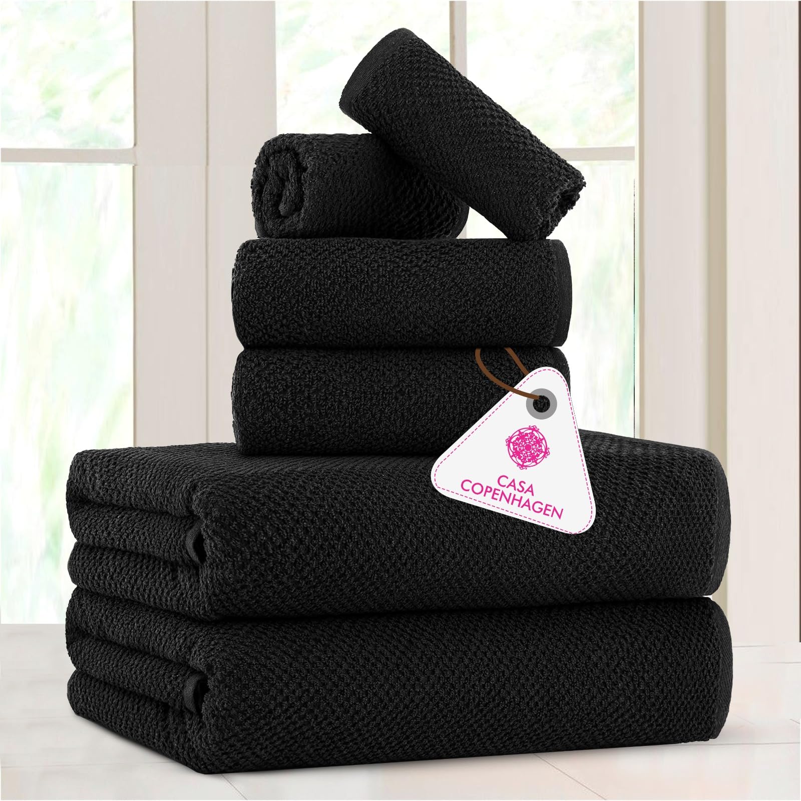 CASA COPENHAGEN 6-Piece Popcorn Textured Cotton Towel Set - 2 Bath Towels, 2 Hand Towels, 2 Washcloths (Black, 550 GSM) - Soft & Durable for Bathroom, Spa, Gym, and Beach Use - Perfect Gift Set for Home & Travel