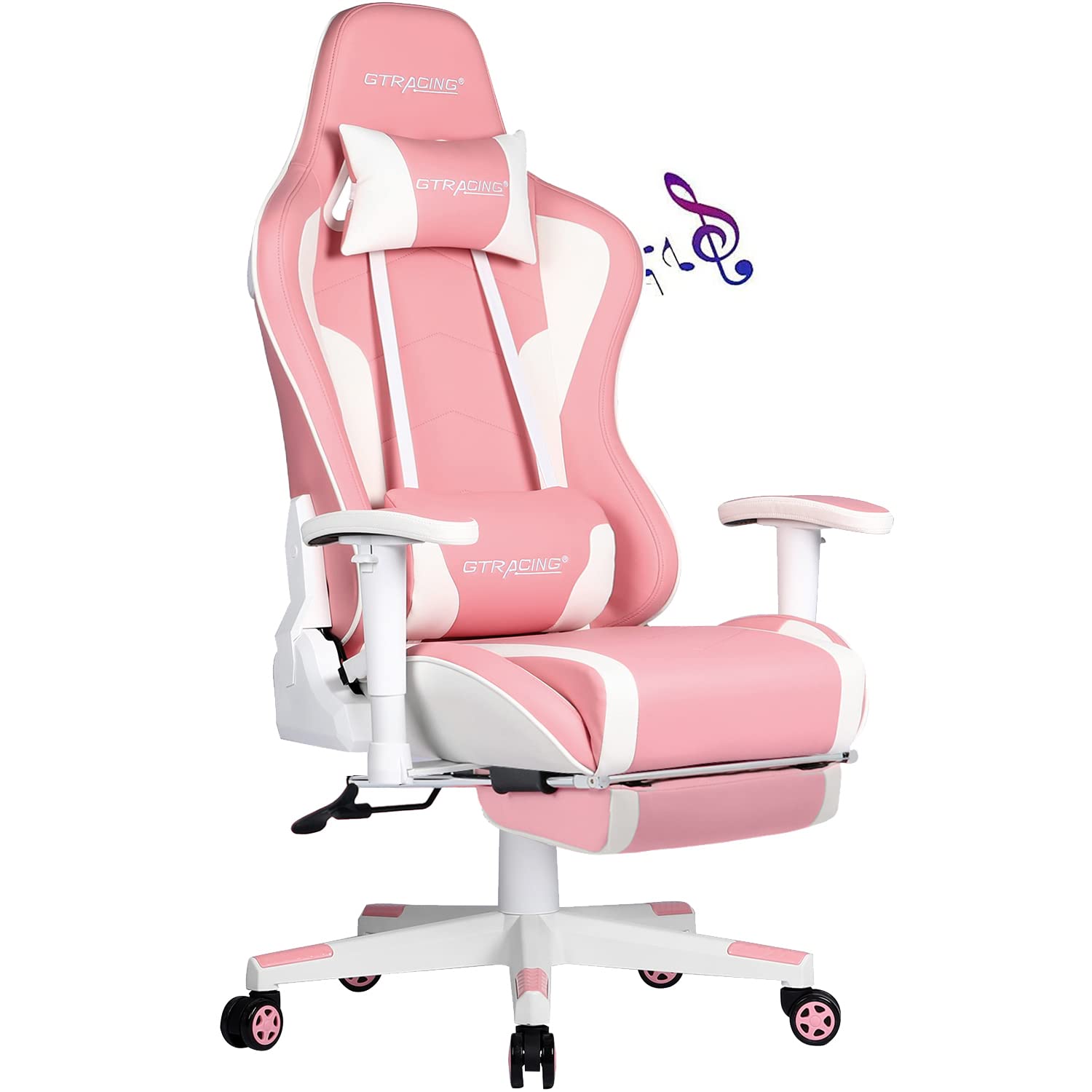 GTRACING Pink Gaming Chair with Bluetooth Speakers, Footrest & Lumbar Support - Ergonomic Office Desk Chair for PC Gaming, Streaming & Home Workstation - Heavy Duty Racing Style Video Game Chair for Adults