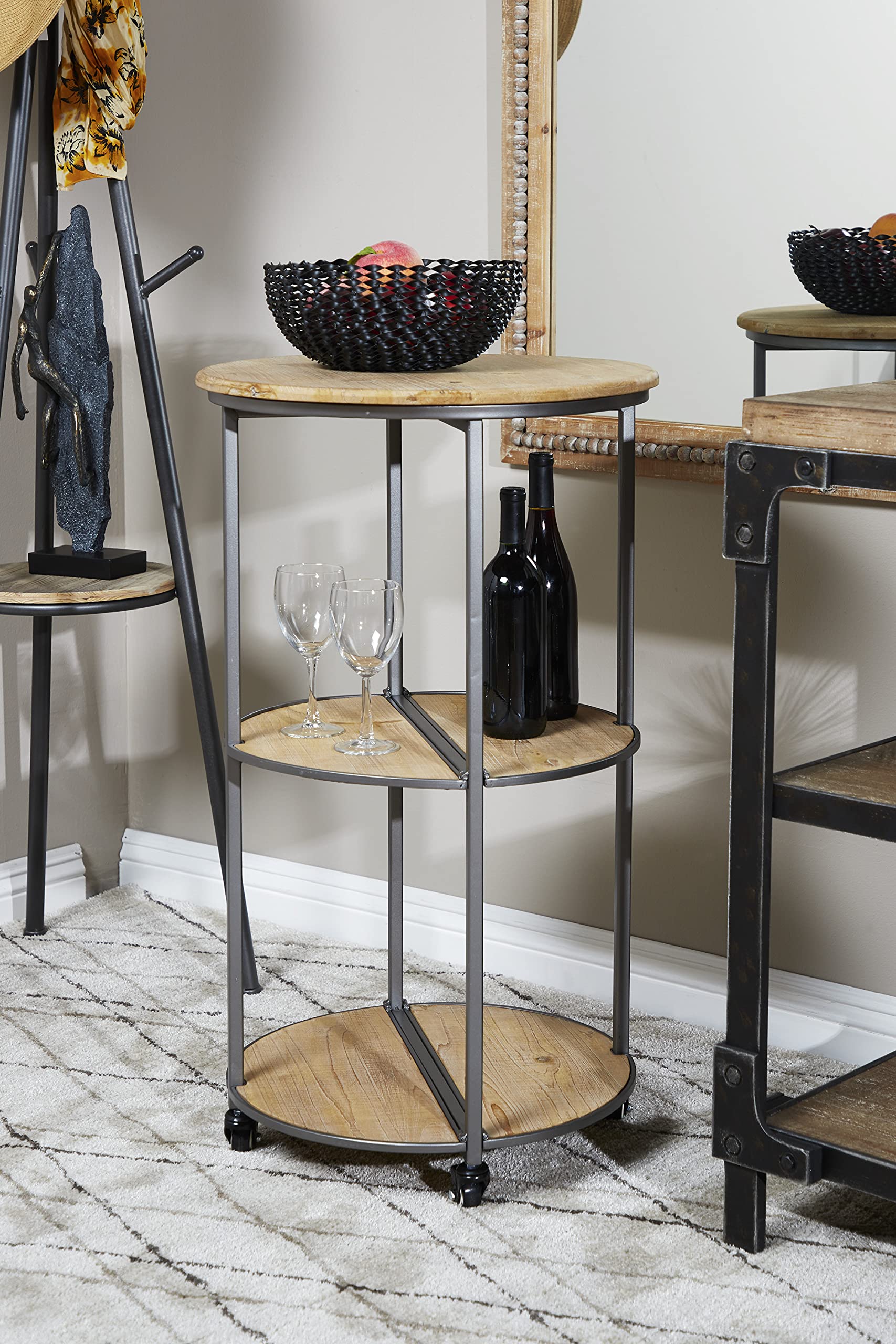 Farmhouse Style Wooden Square Bar Cart - 20x20x35 Inches Rustic Light Brown Rolling Serving Cart for Kitchen, Living Room, or Outdoor Entertaining