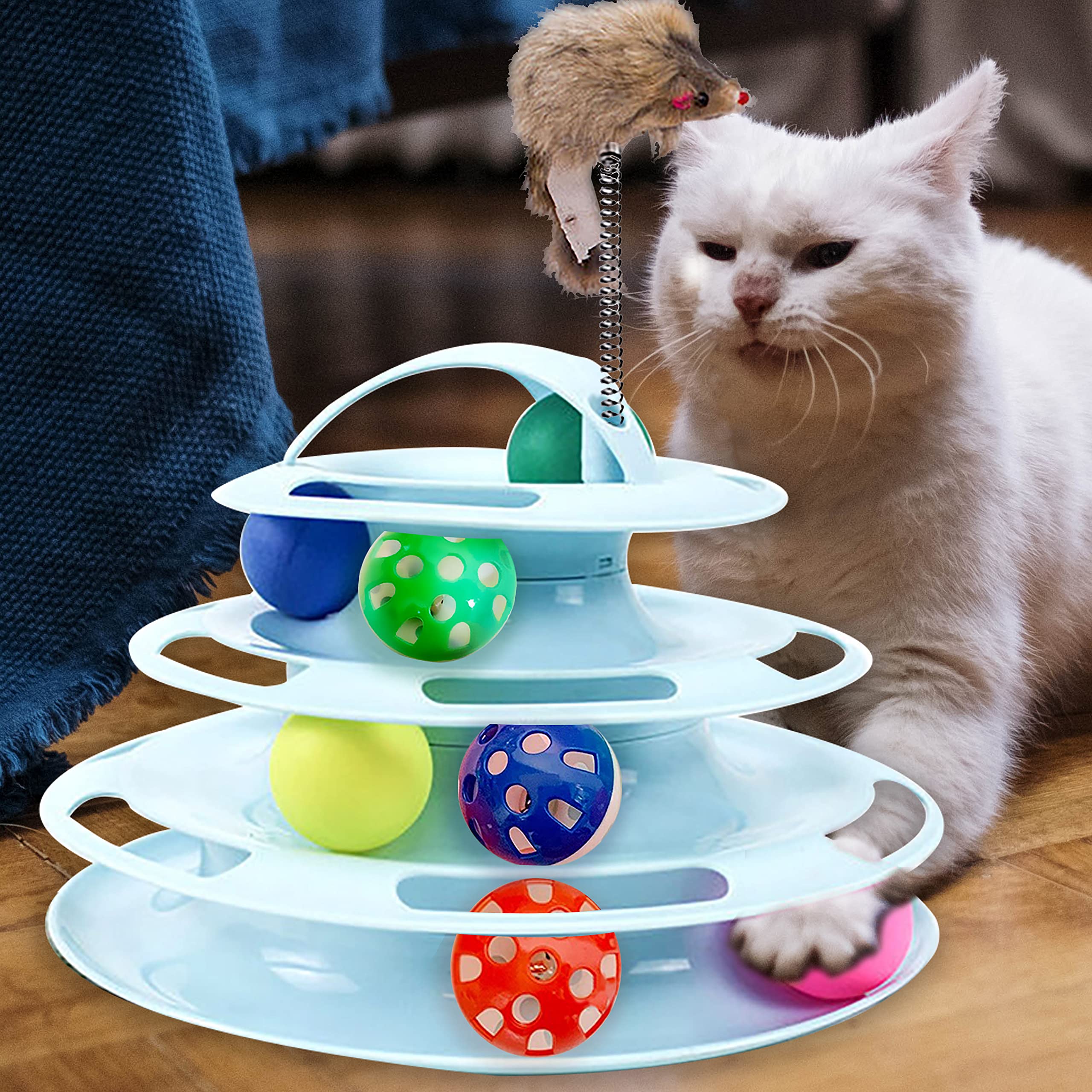 BeeCute 4-Level Cat Toy Roller with 7 Colorful Balls & Cat Teaser Wand - Interactive Puzzle Toy for Indoor Kittens Exercise & Play | Perfect for Solo Play, Multi-Cat Homes & Stimulating Natural Hunting Instincts