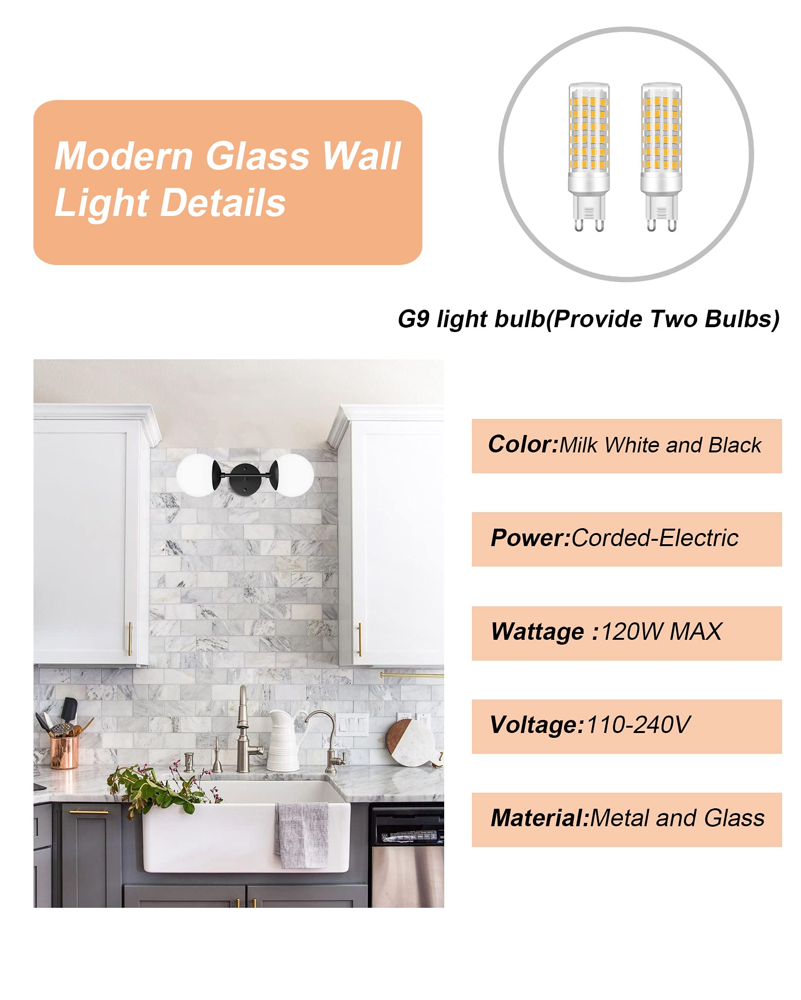 Tipace Black Wall Sconce 2 Lights - Modern Globe Wall Light Fixture with 3000K Warm White G9 Bulbs Included - Perfect for Restaurant, Living Room, Bedside, Stairs, Bathroom Mirror Lighting - Indoor Wall Mounted Sconce for Home & Commercial Decor