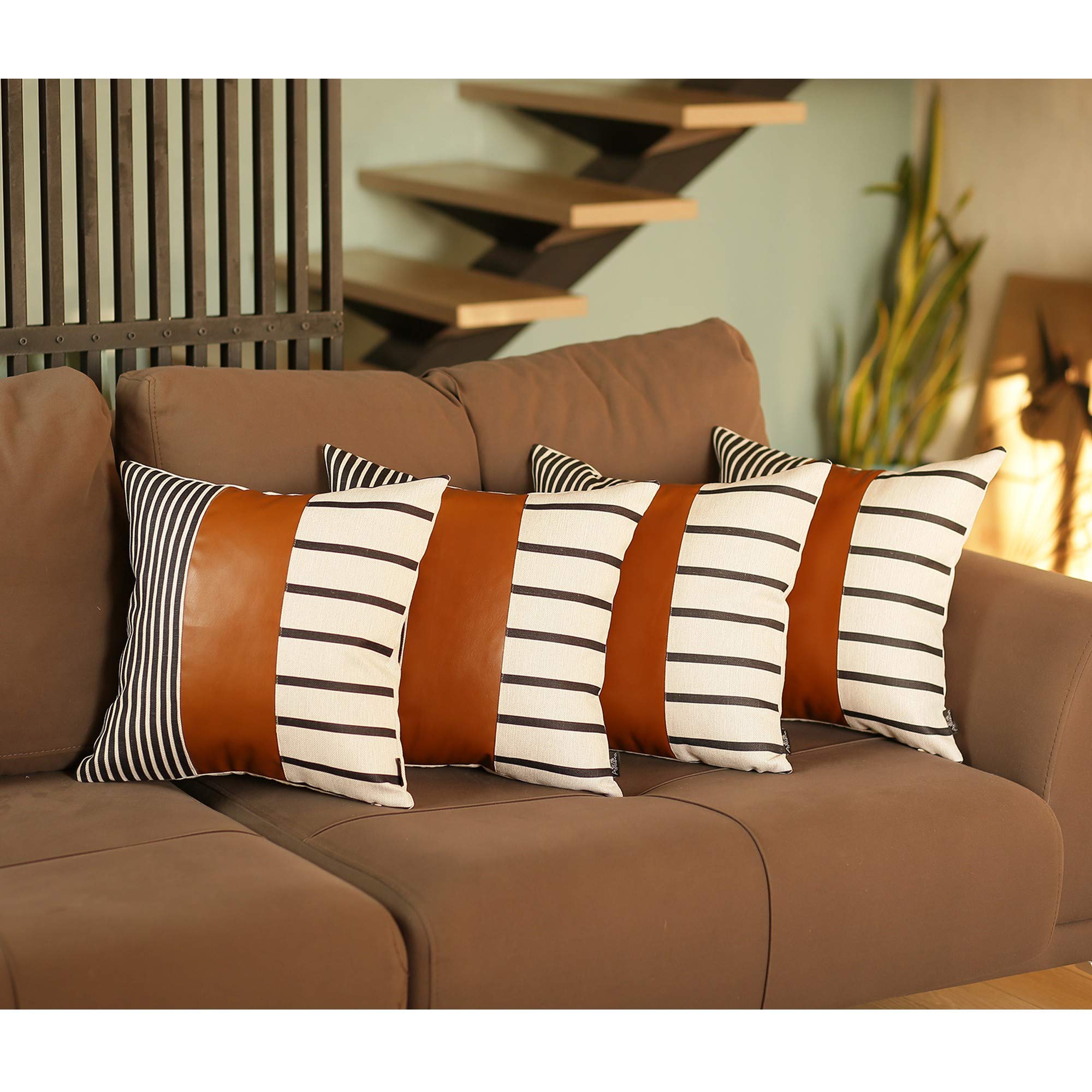 Premium Set of 4 Blue and White Striped Pillow Covers with Faux Leather Accents - Modern Home Decor for Living Room, Bedroom & Sofa