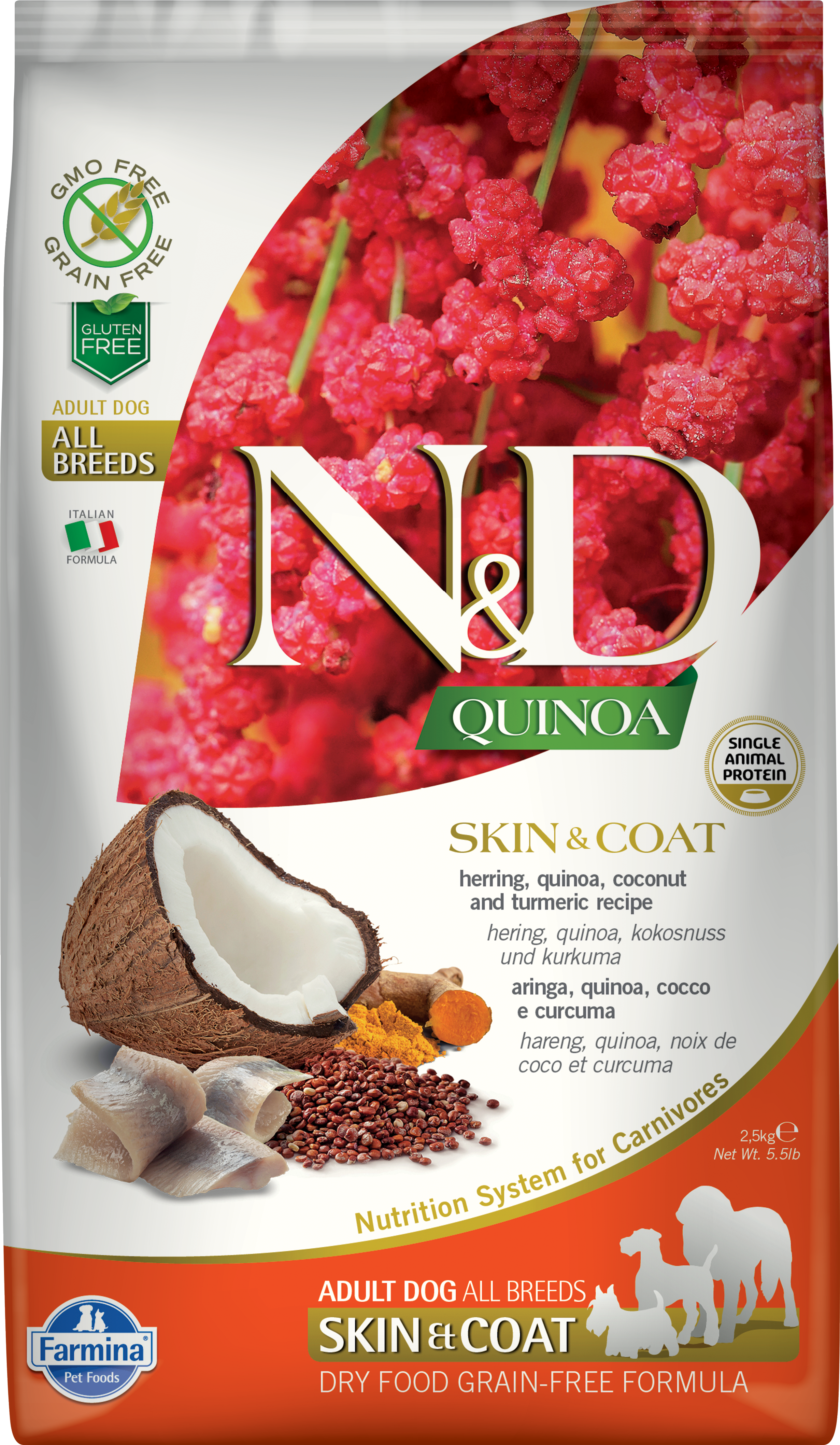 Farmina N&D Quinoa Grain-Free Dry Dog Food for Skin & Coat Care - Herring Recipe, High Protein Functional Nutrition for Adult Dogs - Perfect for Sensitive Skin & Allergy Relief