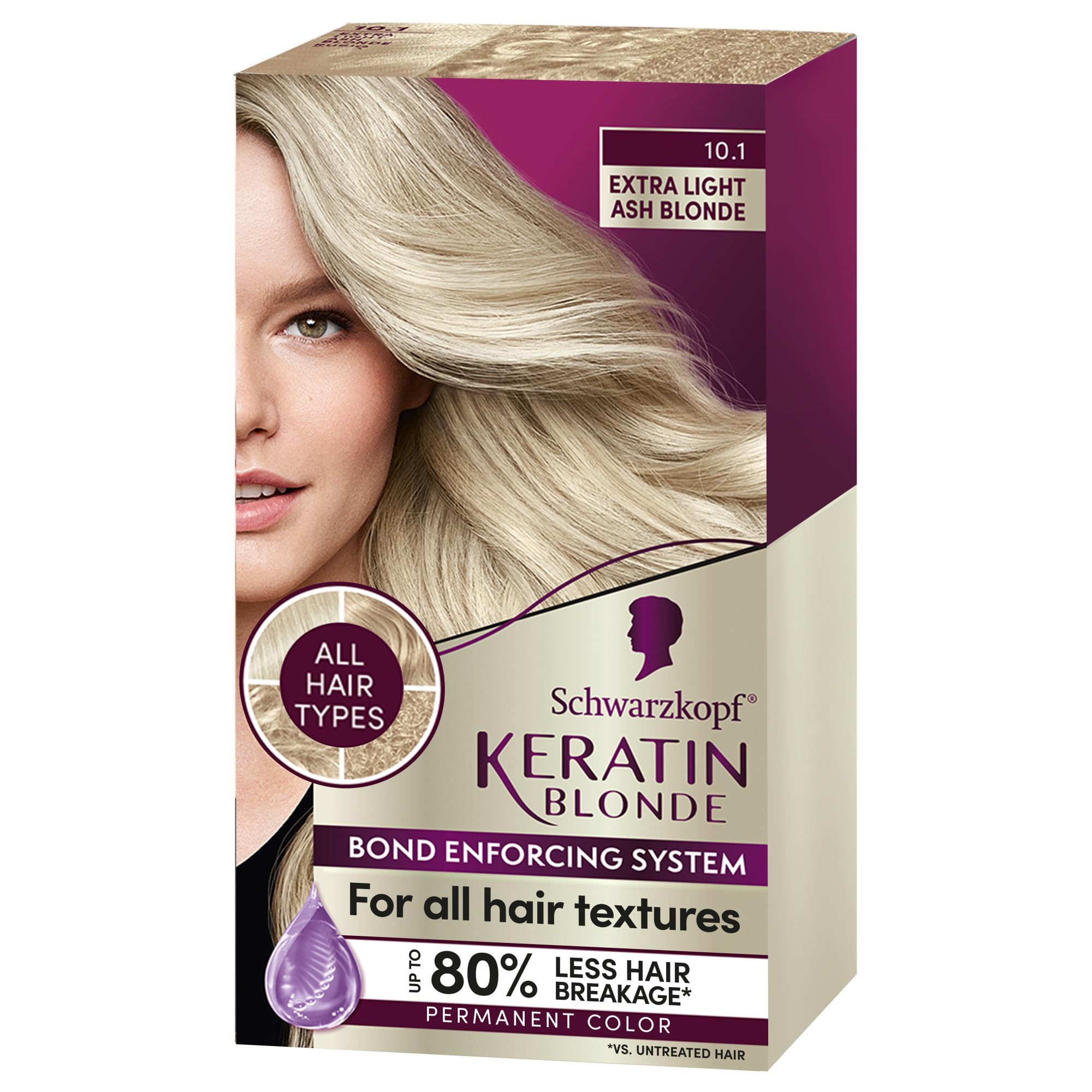 Schwarzkopf Keratin Color Permanent Hair Dye - 10.1 Extra Light Ash Blonde, Salon-Inspired Formula for 80% Less Breakage & 100% Gray Coverage - Ideal for At-Home Hair Coloring & Professional Salon Results