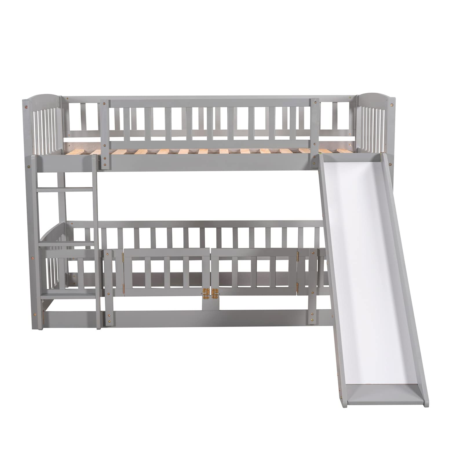 Harper & Bright Designs Twin Over Twin Low Bunk Bed with Slide - Wooden Floor Bunk Bed Frame with Safety Rails for Kids, Toddlers, Boys & Girls - Space Saving Kids Bedroom Furniture (Gray) - Perfect for Small Rooms, Shared Kids Bedrooms & Sleepovers