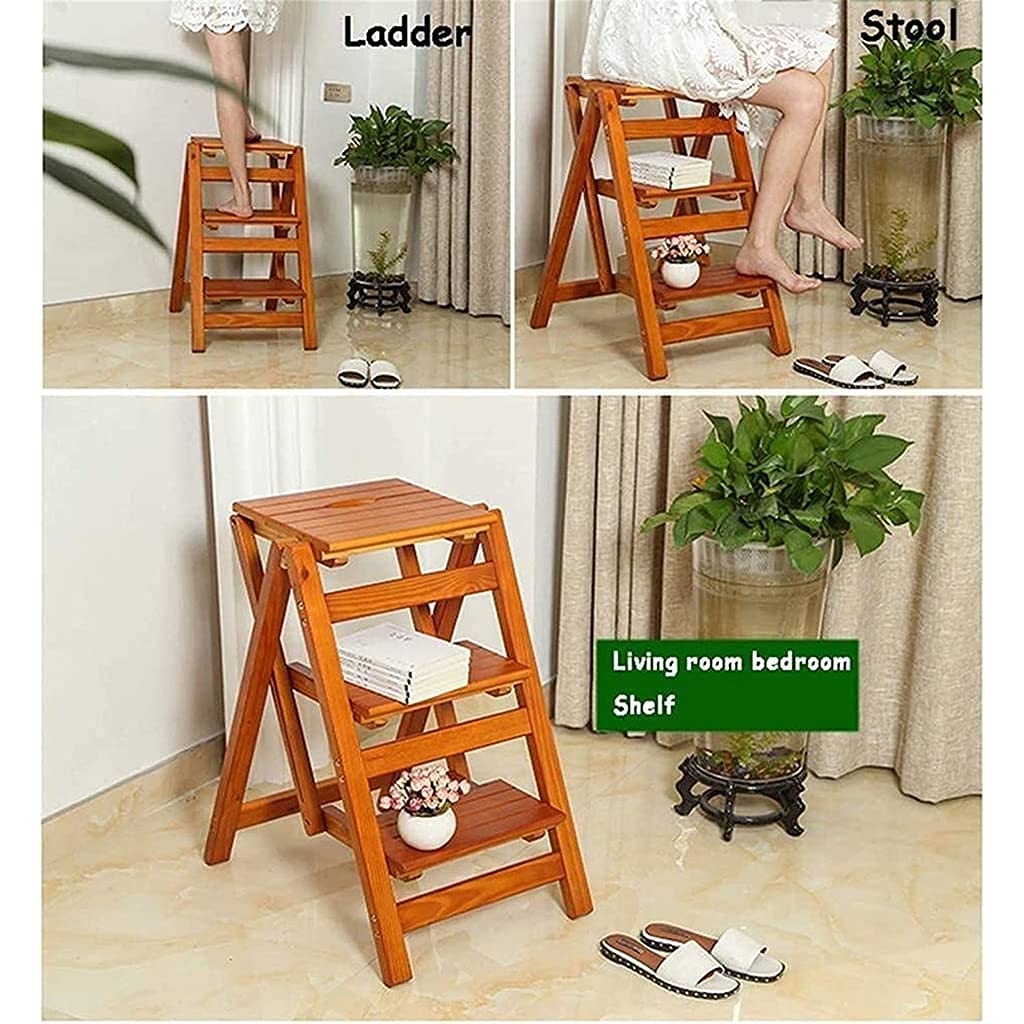 XHALERY 3-Step Folding Wooden Step Stool with Extendable Ladder - Portable Foldable Chair Stool for Kitchen, Bathroom, and Home Use - Perfect for Reaching High Shelves and Storage Spaces