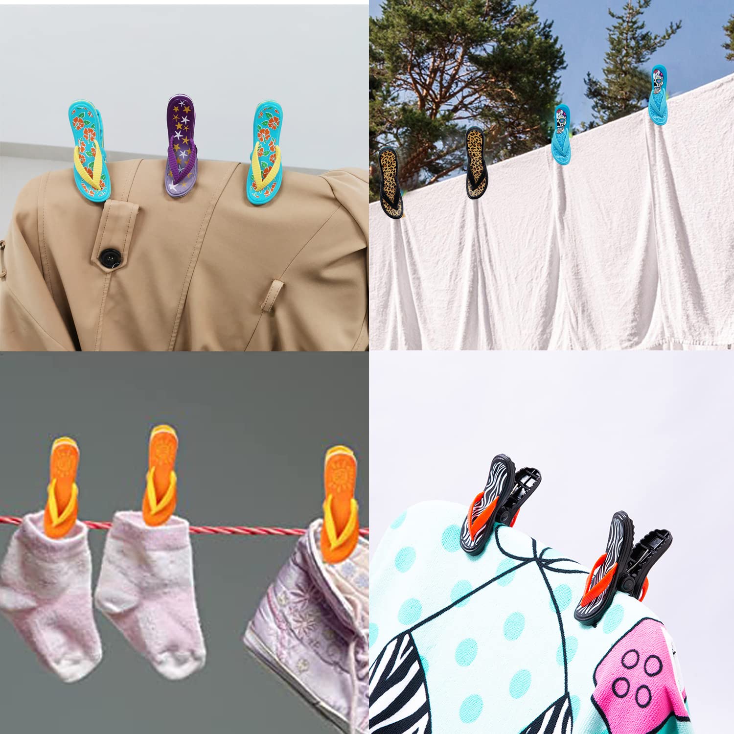 4 Pack Beach Towel Clips - Non-Slip Flip Flop & Lounge Chair Clips, Oversized Cute Clothespins for Pool, Patio & Vacation - Perfect Towel Holders for Beach, Swimming & Outdoor Relaxation (Black + Blue)