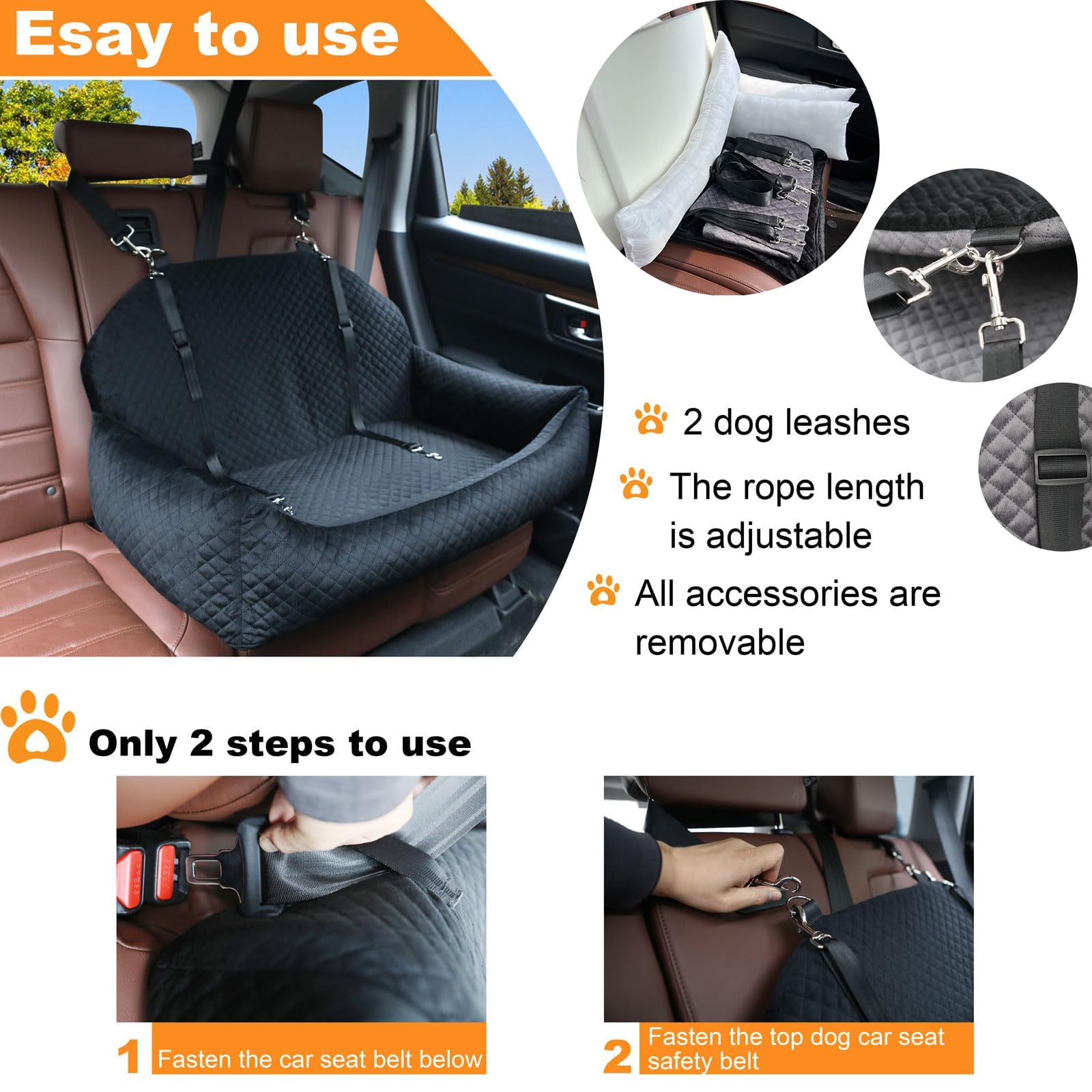Premium Dog Car Seat Bed for Large & Medium Dogs or 2 Small Pets - Washable Soft Fabric with Non-Slip Base - Travel Safety Booster Seat for Dogs & Cats - Easy to Assemble & Clean (Black) - Perfect for Road Trips, Vet Visits & Daily Commutes