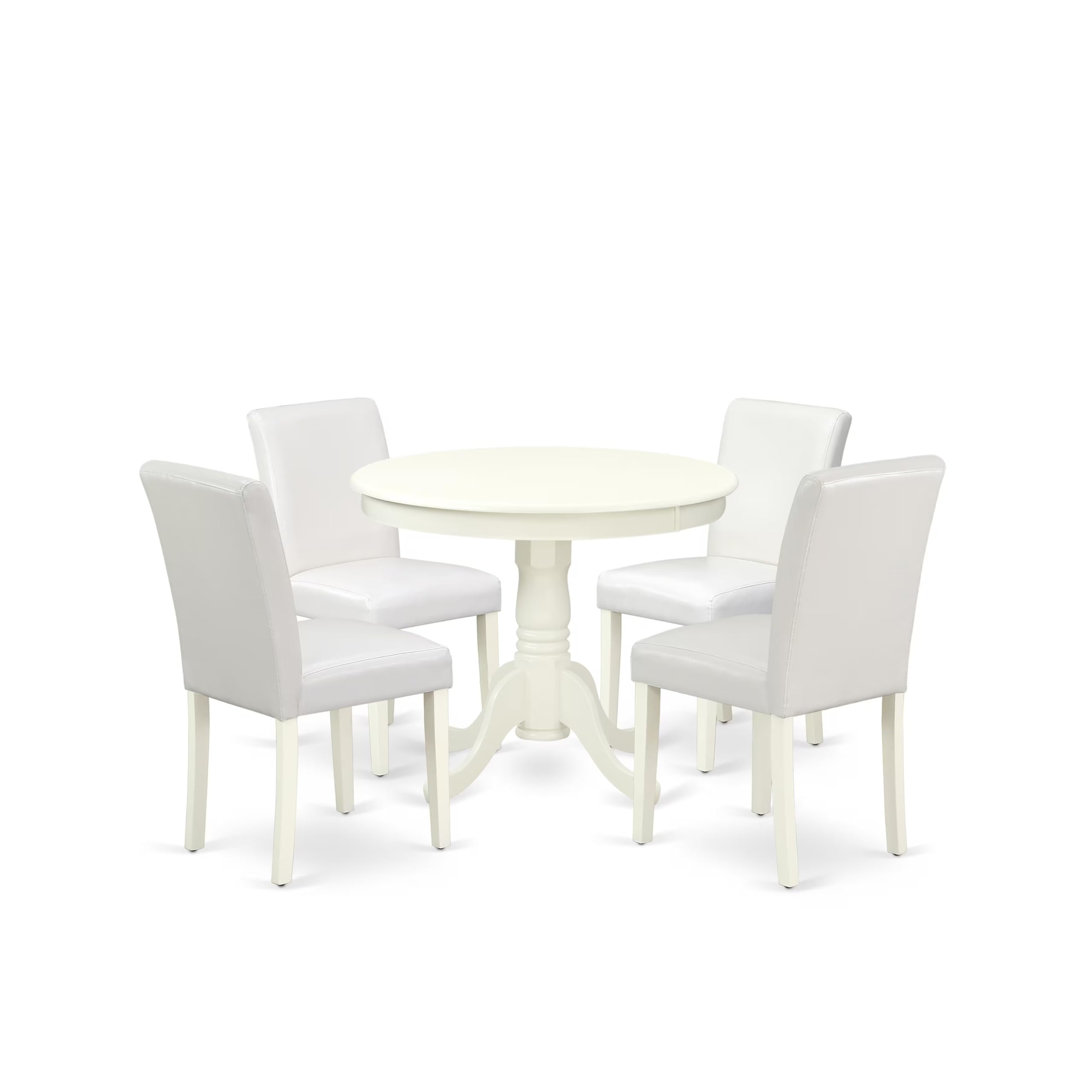 East West Furniture ANAB5-LWH-64 5-Piece Round Dining Table Set with Pedestal Base & 4 White Faux Leather Chairs, 36x36 Inch, Linen White - Perfect for Small Kitchen, Breakfast Nook or Apartment Dining Area