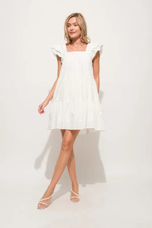 Elegant White Pleated Ruffled Sleeve Tiered Resort Dress for Women - Perfect for Beach Vacations, Summer Weddings & Tropical Getaways