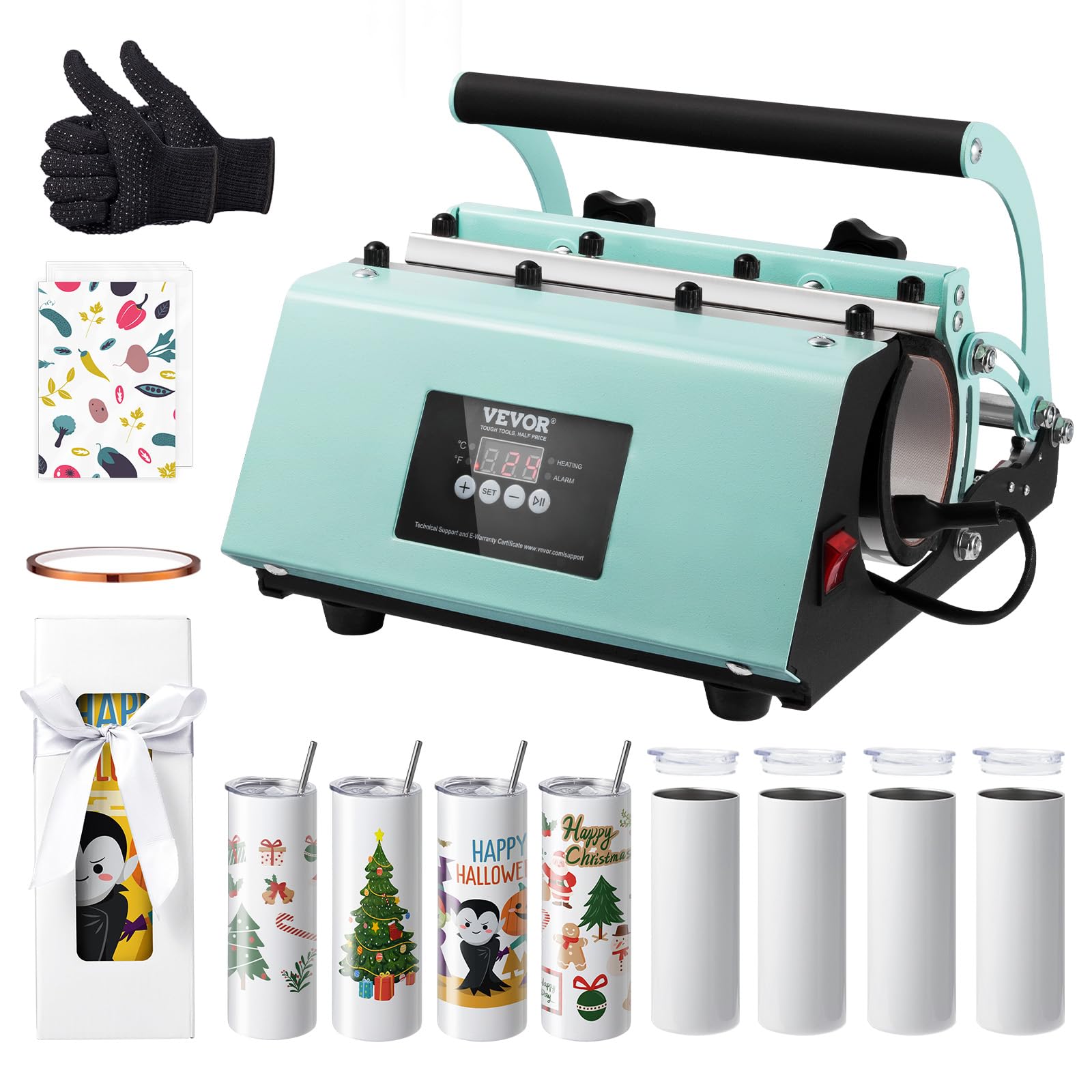 VEVOR 20OZ Tumbler Heat Press Machine & Sublimation Kit - 8pcs Stainless Steel Blank Tumblers, Mug Press for 11-30oz Cups - Includes Heat Transfer Paper, Gloves & Tape - Perfect for DIY Custom Tumblers, Personalized Gifts & Small Business Printing