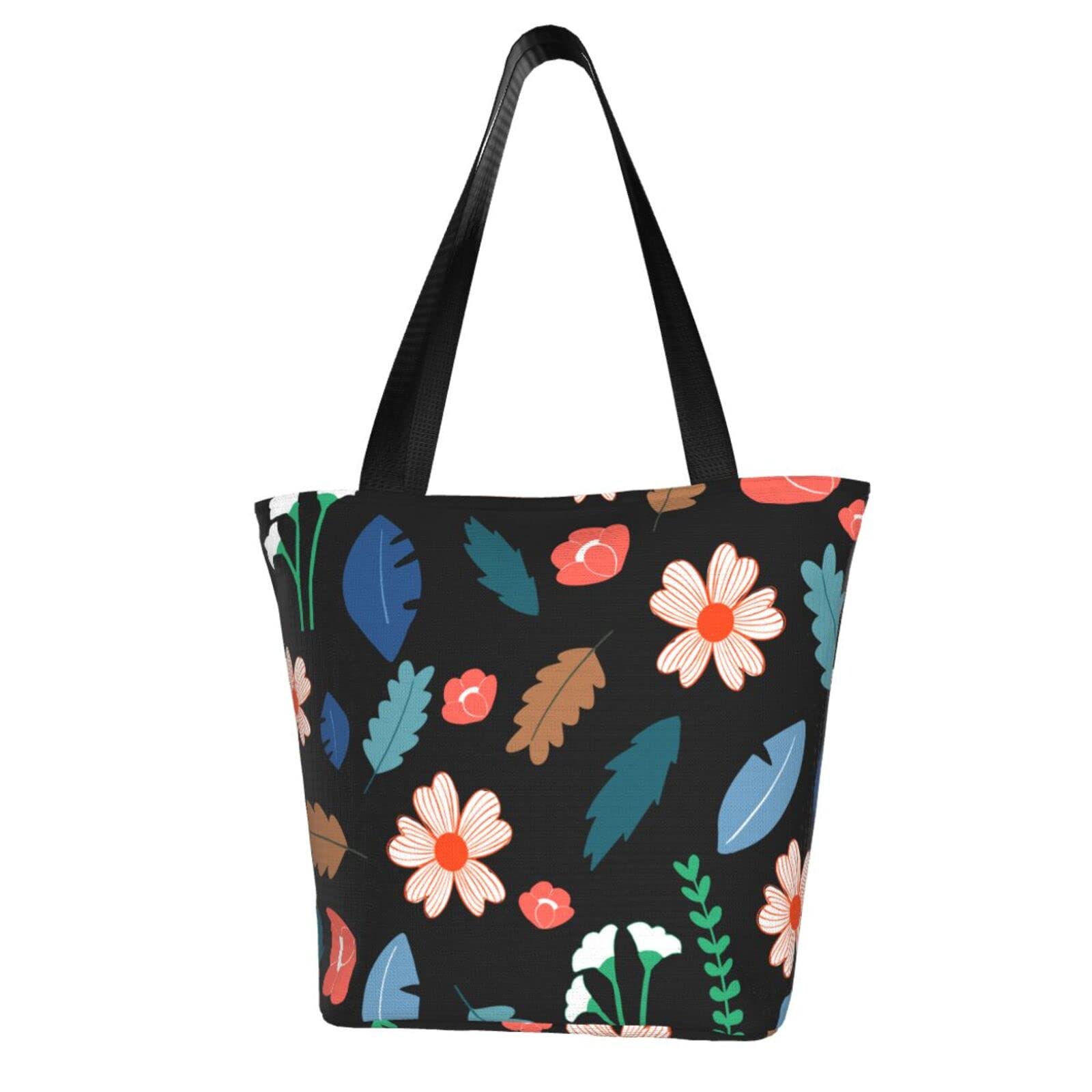 Stylish Black Canvas Tote Bag with Zipper - Cute Floral Design Shoulder Bag for Women | Perfect for Grocery Shopping, Work, Travel & Laptop Carry