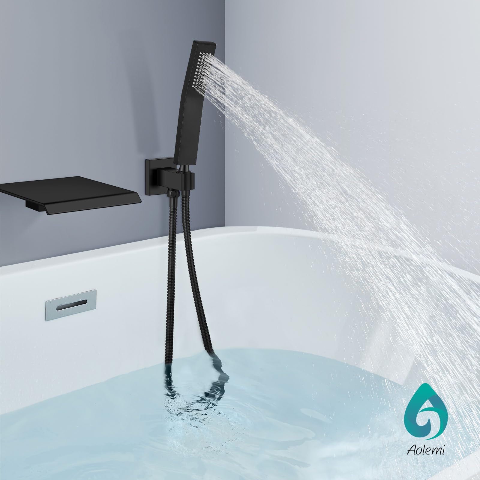 **Aolemi Matte Black Wall Mount Bathtub Faucet Set - Solid Brass Waterfall Tub Filler with Handheld Sprayer & Single Handle Rough-in Valve, Bevel Angle Spout - Perfect for Modern Bathroom & Spa Retreats**