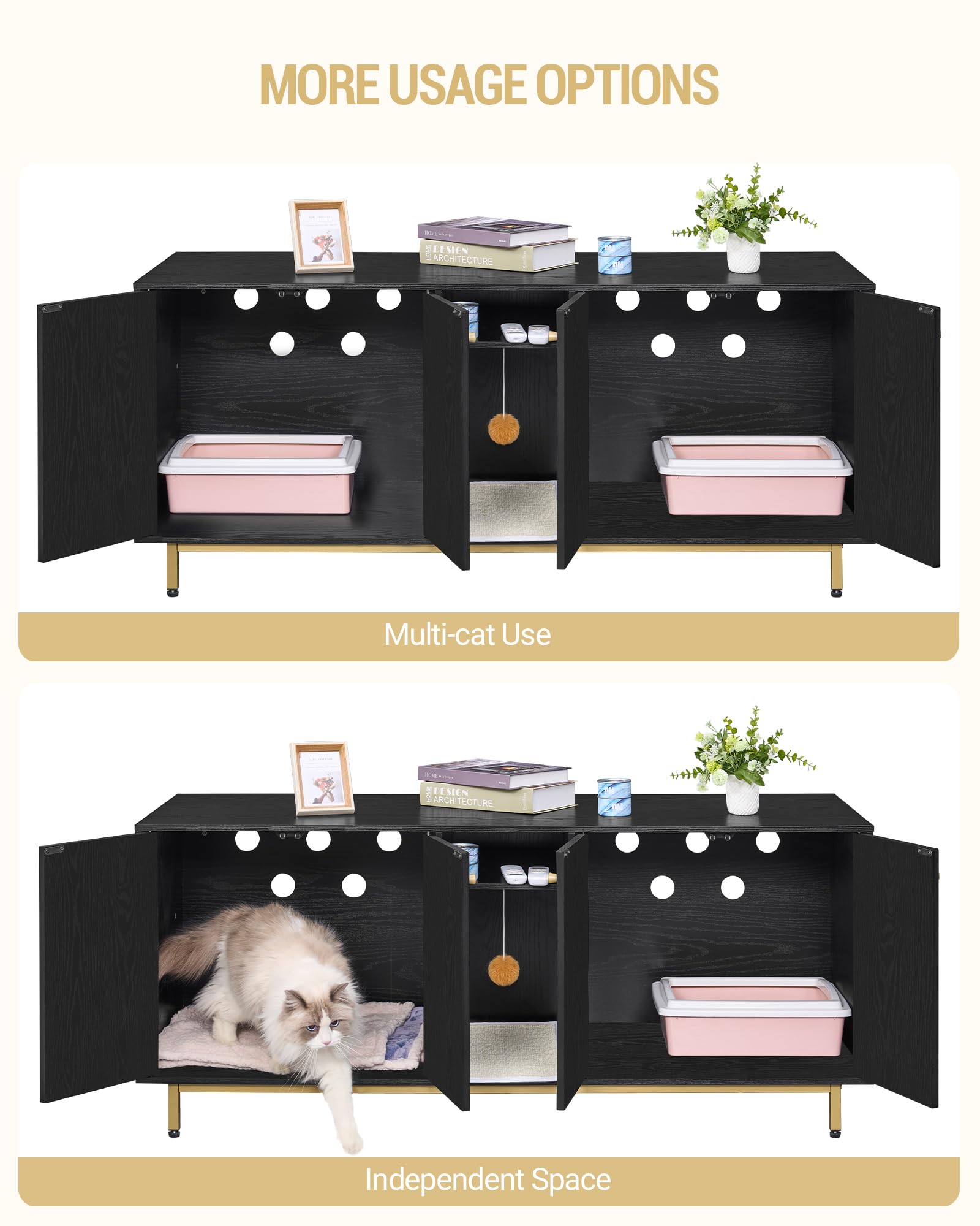 Hidden Cat Litter Box Furniture Enclosure - Wooden Pet House Side Table with Storage Cabinet, 55.2 x 19.7 x 23.9 Inches, Black & Gold CB81504A - Perfect Discreet Litter Box Solution for Living Room, Bedroom or Small Spaces