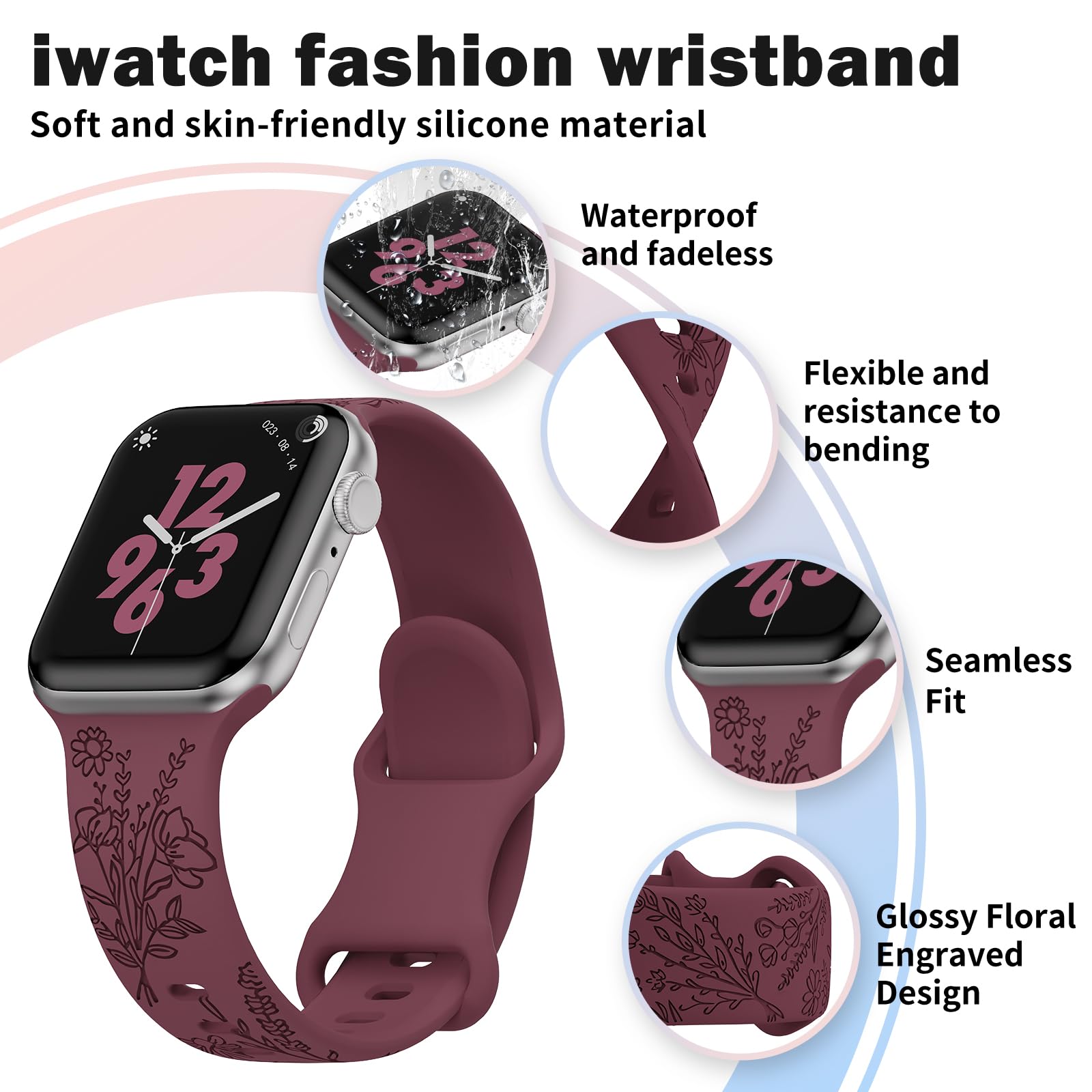 Floral Engraved Apple Watch Bands 4 Pack - Compatible with 38mm/40mm/41mm/42mm/44mm/45mm/49mm - Stylish Women's Accessory for Workouts, Office & Everyday Wear
