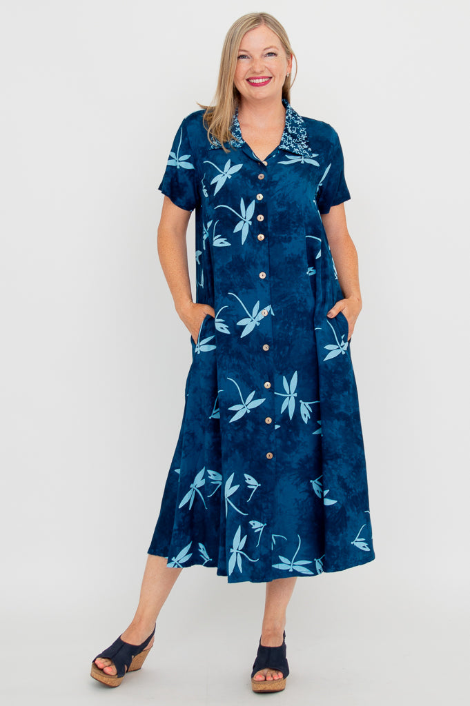Cissy Women's Summer Short Sleeve Dress with Aqua Dragonfly Print - Perfect for Beach Vacations, Casual Outings & Summer Parties