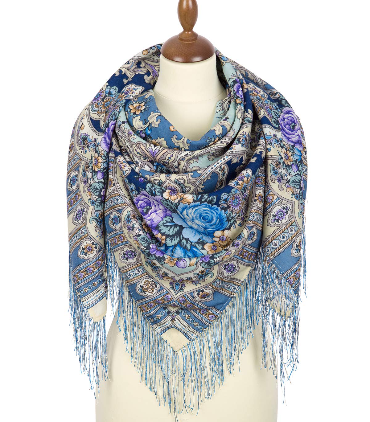 100% Wool Pavlovo Posad Russian Shawl - Blue Traditional Floral Scarf 50x50 inches (125x125 cm) - Perfect for Winter Fashion, Gift Giving & Cultural Events