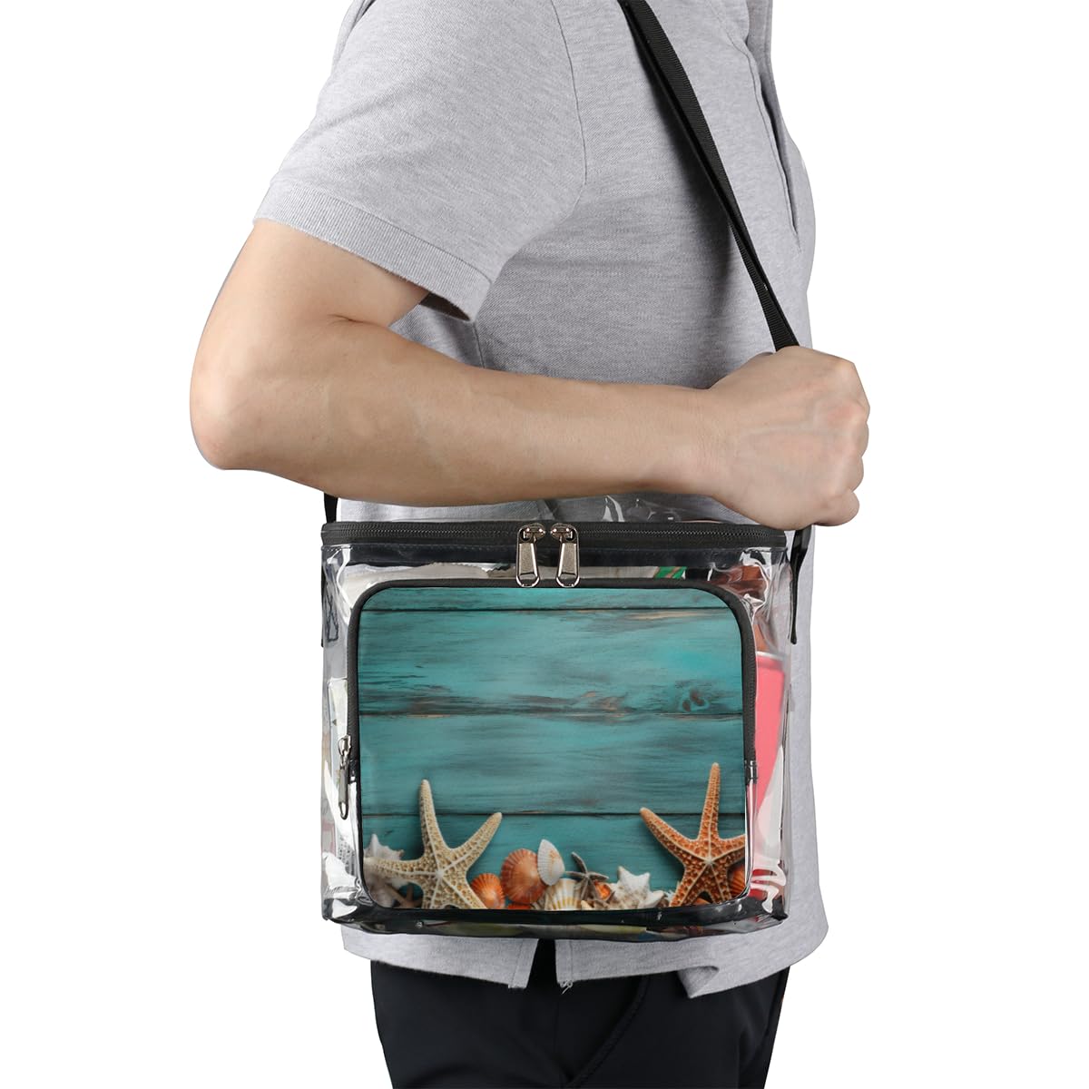 GzLeyigou Clear Transparent Tote Bag with Wooden Handles - Blue Starfish & Seashell Design, Crossbody Shoulder Bag for Women - Perfect for Beach, Picnic, Travel, Concerts & Sports Events (Stadium Approved)