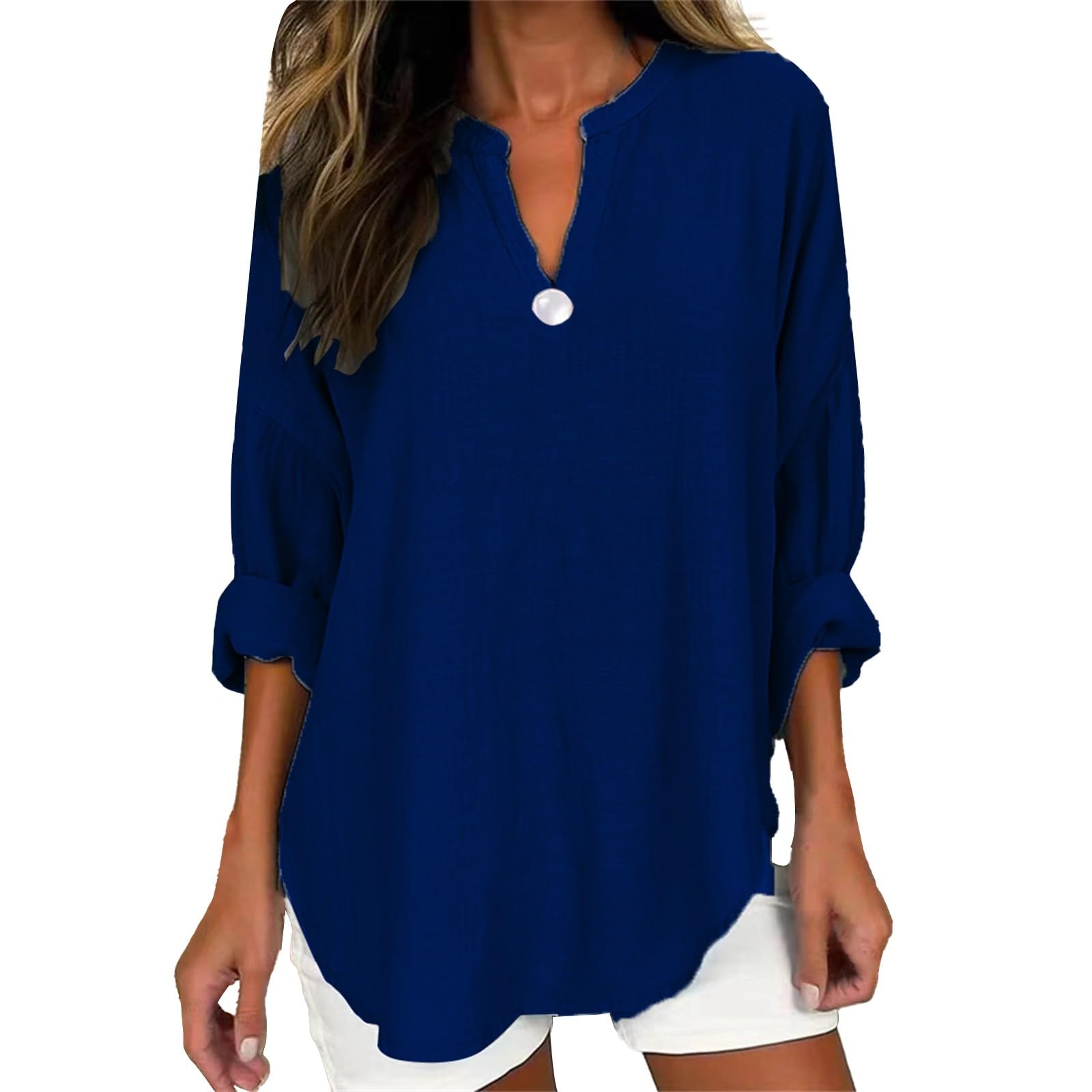 GIERIDUC Women's Long Sleeve Oversized T-Shirt - V-Neck Loose Casual Tunic Top with Side Slit & Roll-Up Sleeves | Soft Comfortable Blouse for Everyday Wear, Work & Weekend Outfits