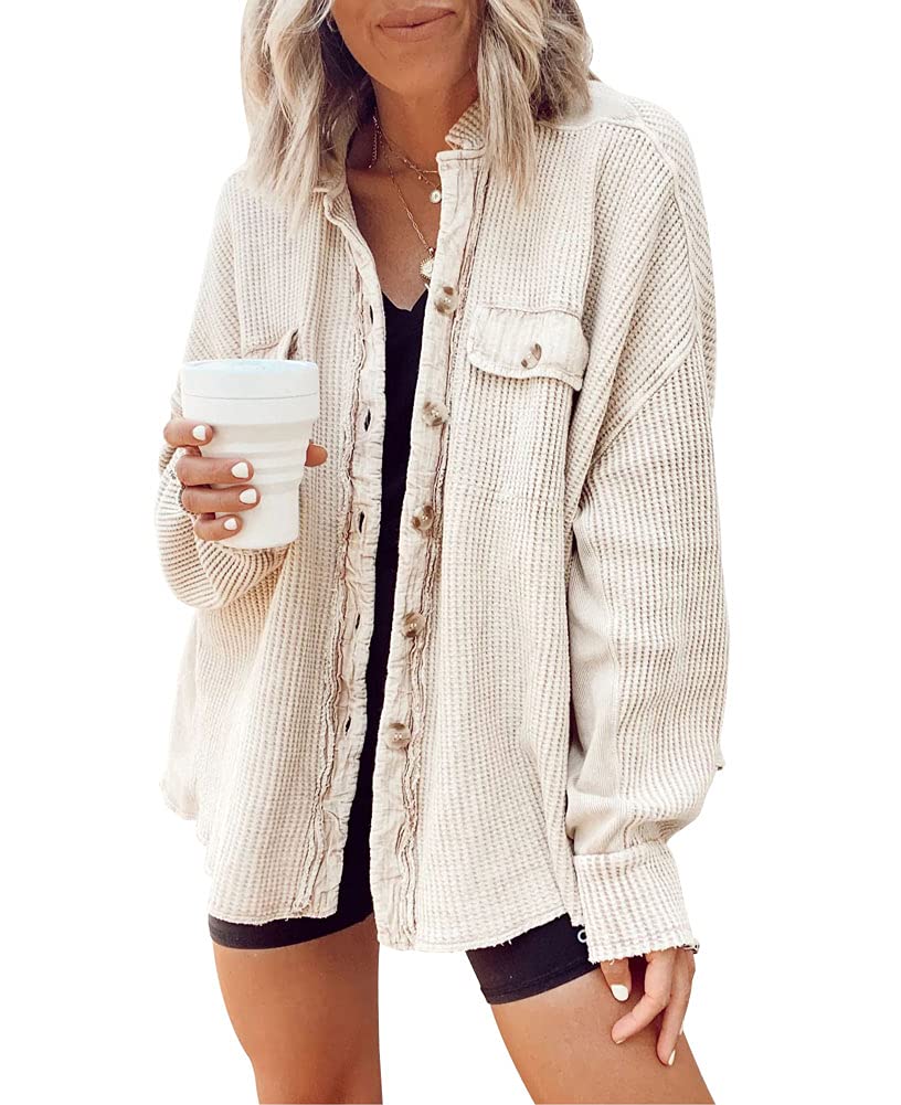 Women's Loose Fit Batwing Sleeve Waffle Knit Button Down Shirt Shacket - Casual Oversized Tops for Fall & Winter Layering, Workwear, and Everyday Outfits