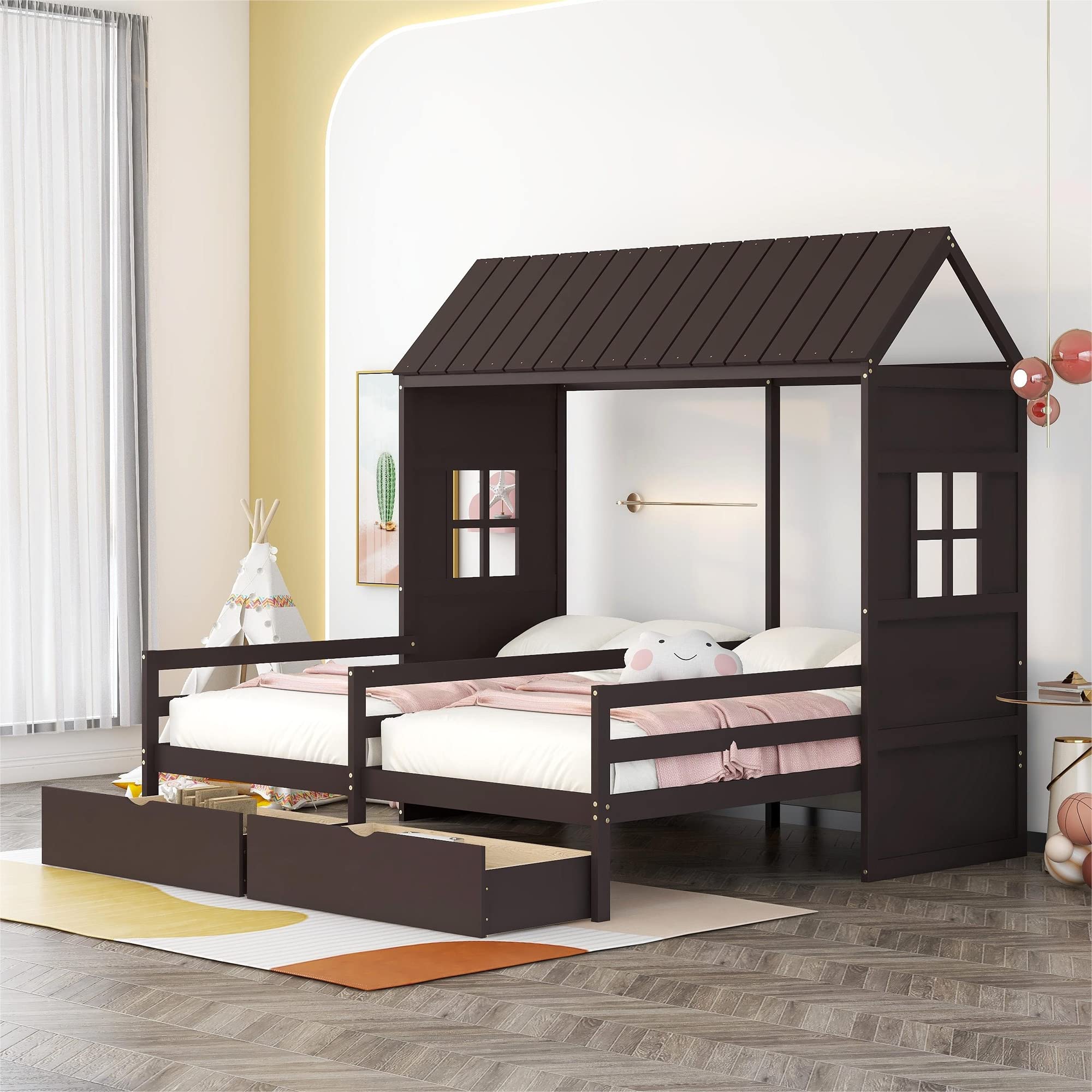 **Kids Twin House Bed with 2 Storage Drawers & Slat Support - Wooden Platform Bed Frame for Girls & Boys, No Box Spring Needed (Espresso) - Perfect for Shared Rooms, Sleepovers & Space-Saving Kids' Bedrooms**