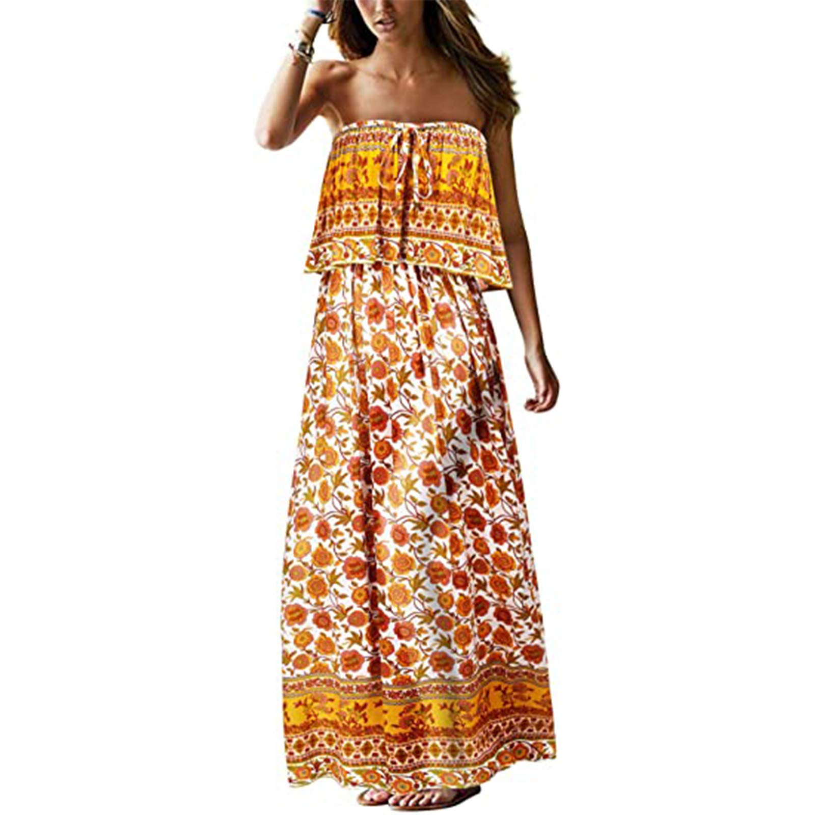 ZLBDYG Women's Strapless Bohemian Maxi Dress - Floral Print Summer Beach Dress for Vacation & Holiday - Perfect for Beach Parties, Weddings & Outdoor Events