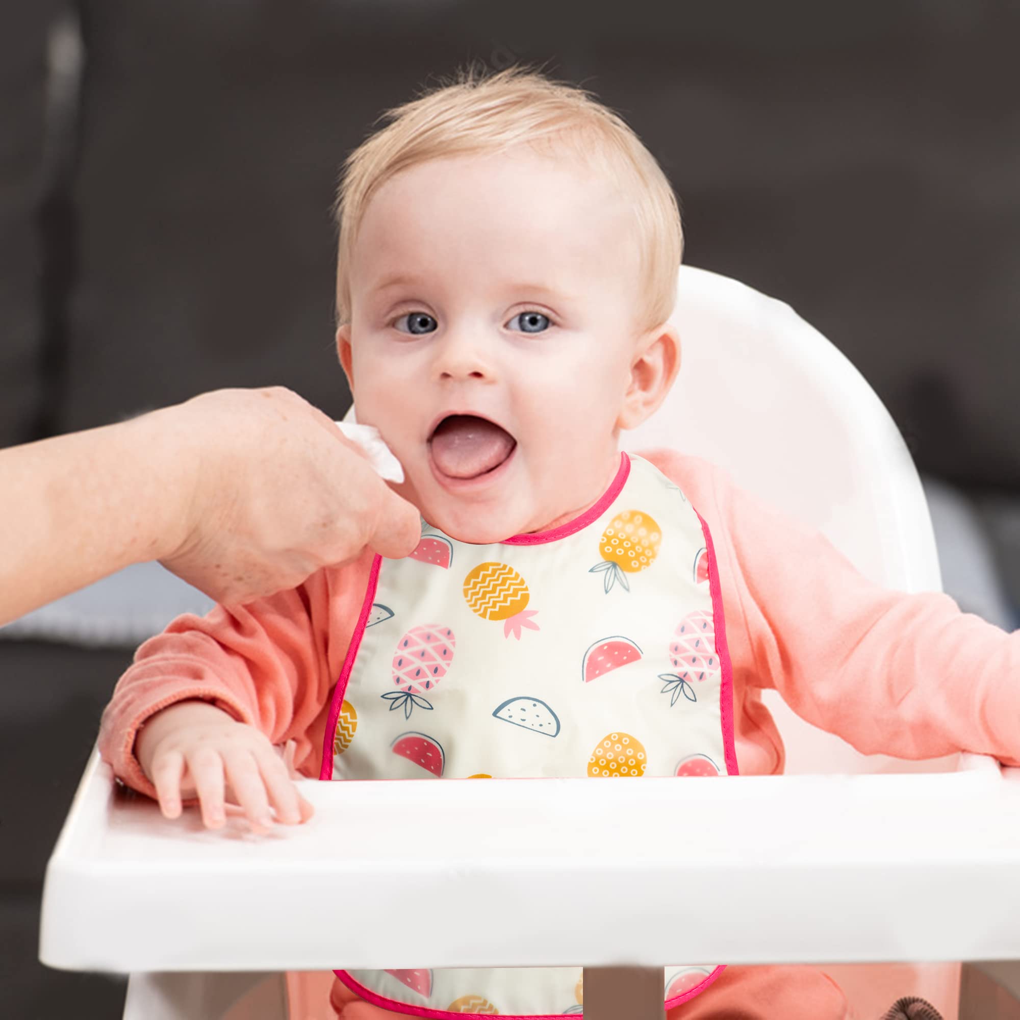 R HORSE 5-Pack Waterproof Baby Bibs with Crumb Catcher Pocket & Snap Buttons - Soft Feeding Bibs for Toddlers 6-24 Months - Ideal for Mealtime, Snacks & Messy Play
