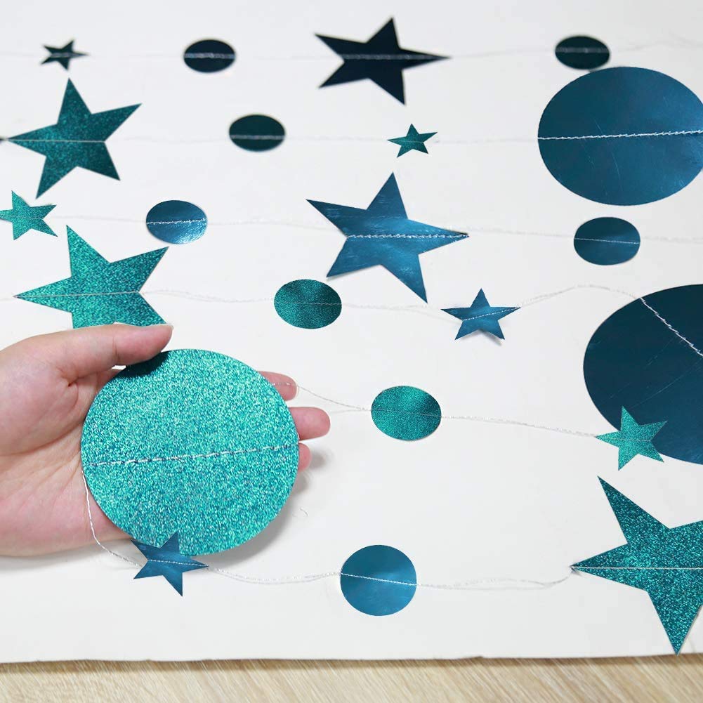 Cheerland Glitter Teal Blue Star Circle Garland - Hanging Dot Banner Streamer for Wedding, Birthday, Bridal Shower, Bachelorette & Graduation Party Decorations | Perfect for Backdrop, Photo Booth & Ceiling Decor