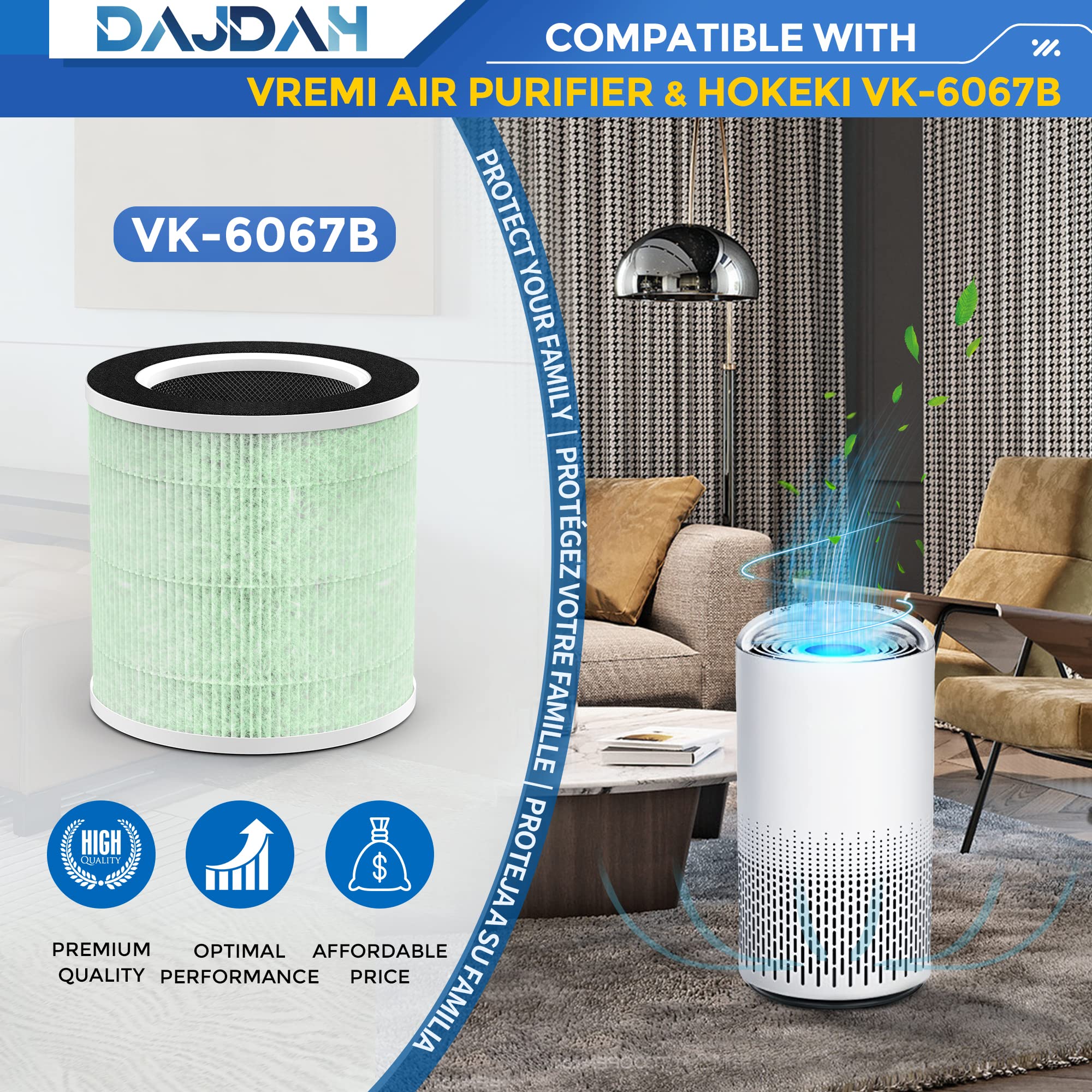 VK-6067B H13 True HEPA Air Purifier Filter Replacement - Compatible with Vremi & Hokeki Air Purifiers (1-Pack) - Perfect for Allergies, Dust, and Pet Dander Removal in Home or Office
