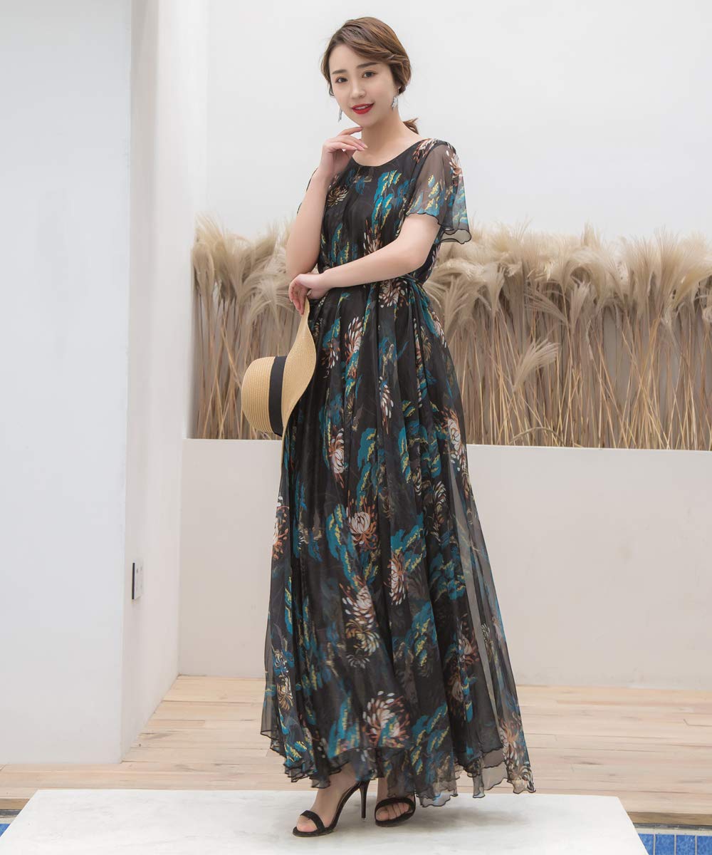 MedeShe Women's Short Sleeve Floral Bohemian Maxi Dress - Summer Beach Dress for Vacation, Party & Casual Wear