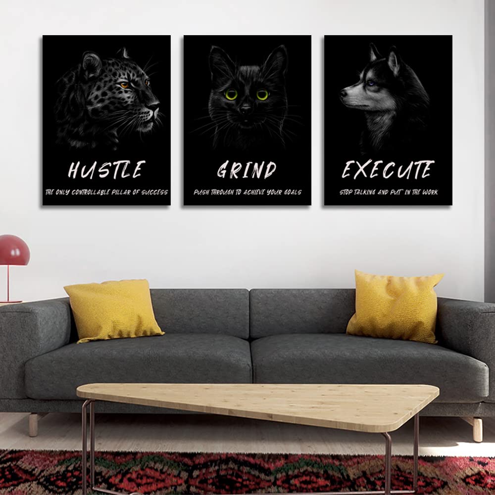 3-Piece Motivational Wall Art Canvas - Inspirational Quotes Posters for Entrepreneurs, Hustle & Grind, Framed Office & Home Decor (36''W x 16''H) - Perfect for Living Room, Bedroom & Workspace