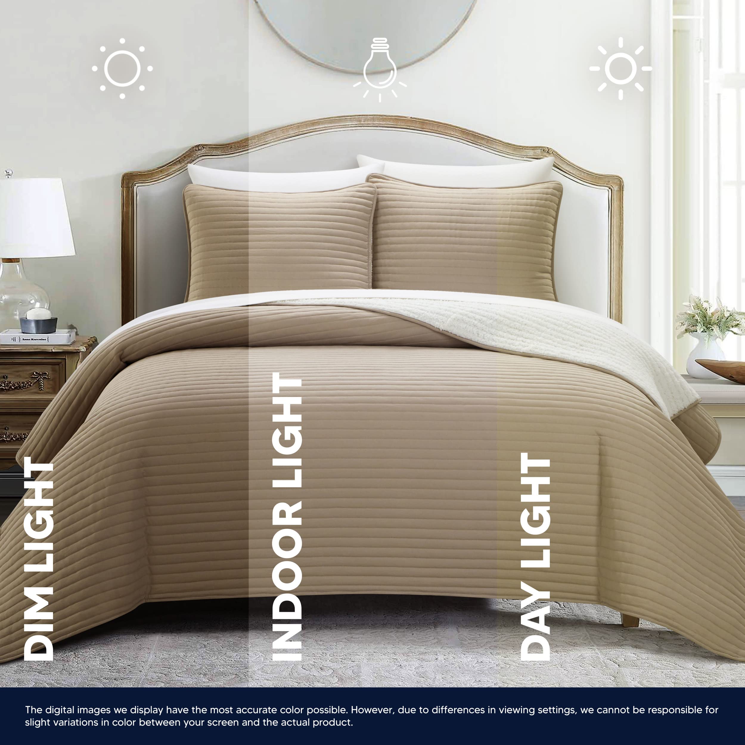 Chic Home St Paul 3-Piece Quilt Set - Contemporary Striped Sherpa-Lined Bedding with Pillow Shams | King Size Taupe | Cozy Winter Bedroom Upgrade for Master & Guest Rooms