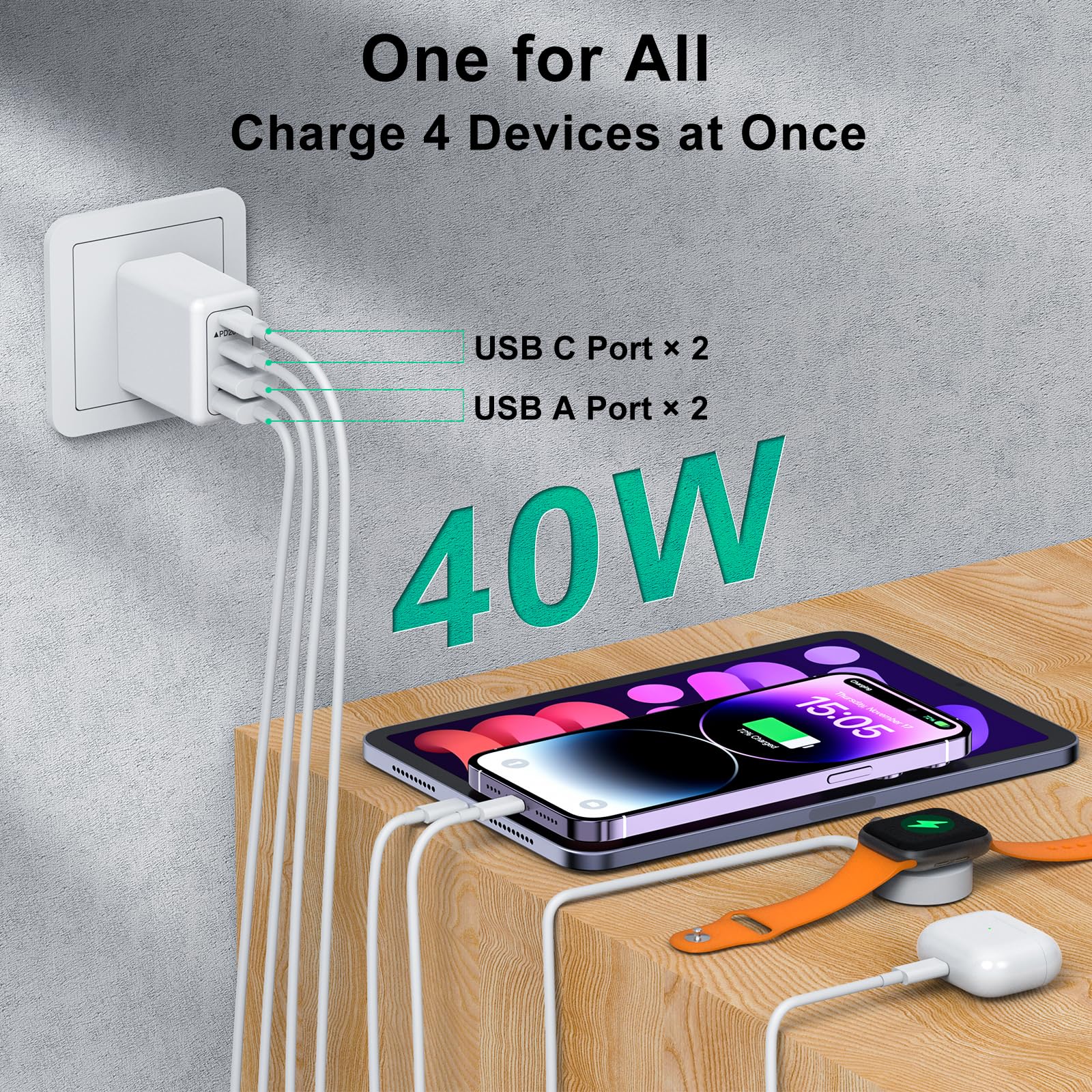 40W 4-Port USB C Fast Charger Block with QC+PD3.0 - Agtray Compact Wall Charger Power Adapter for iPhone 16/15/14/13/12 Pro Max, Galaxy S24/S23 - Perfect for Travel, Home & Office Fast Charging Needs