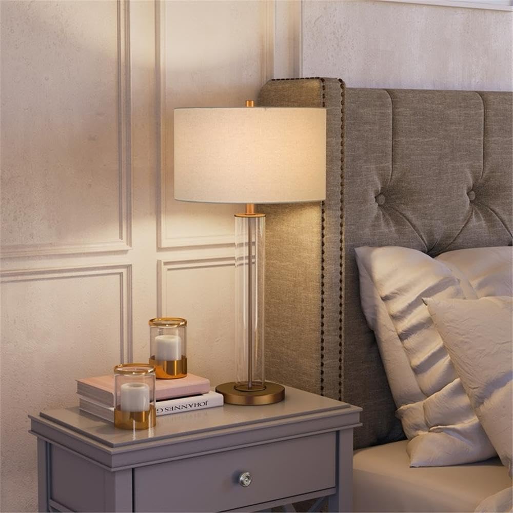 Elegant Clear Glass Table Lamp with Brass Accents & Linen Shade - Modern Home Office Bedroom Nightstand Lighting Decor for Living Room, Study, or Dorm