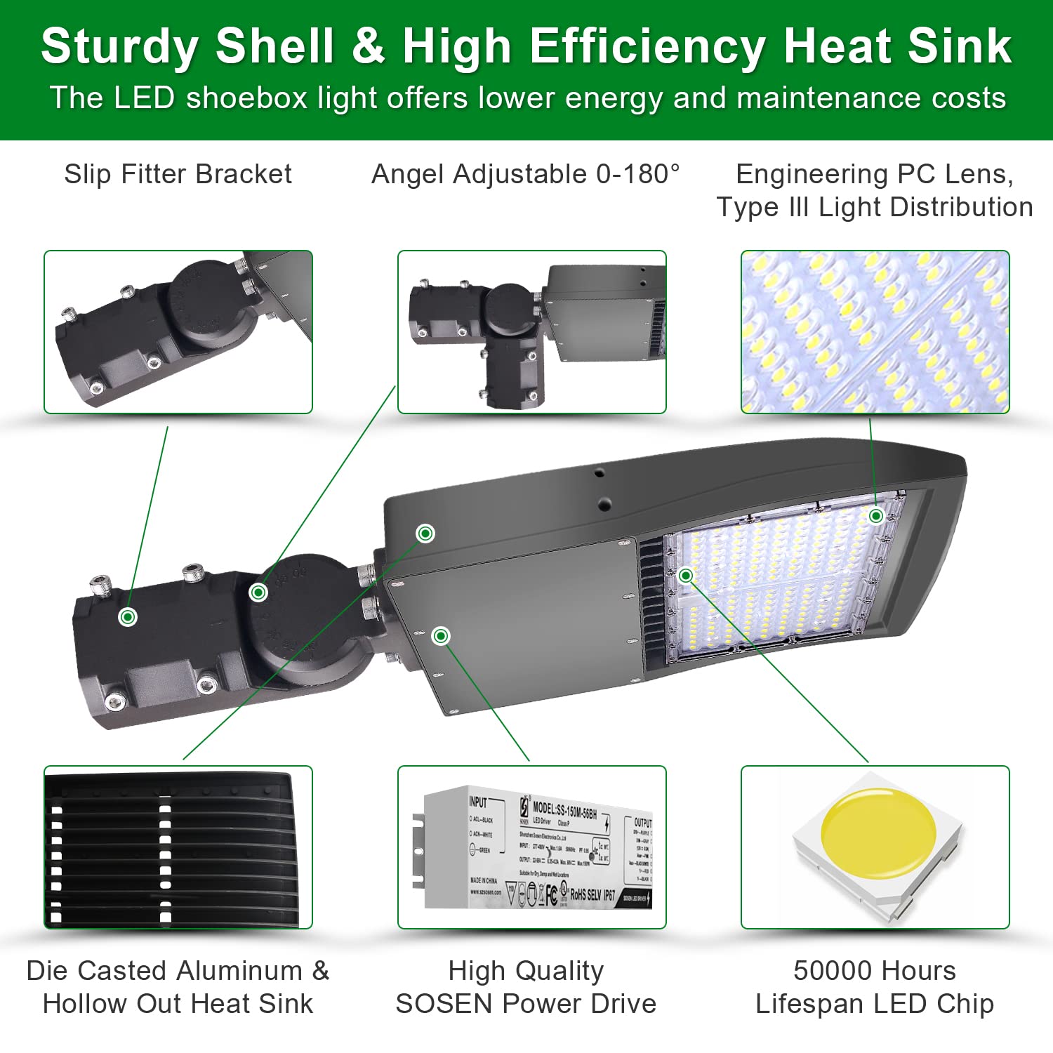 OSTEK 480V 150W LED Shoebox Light - 21000LM DLC & UL Certified Waterproof Outdoor Lighting - Commercial Parking Lot & Street Pole Lights (5000K Daylight White) - Perfect for Roadways, Gas Stations & Warehouse Areas