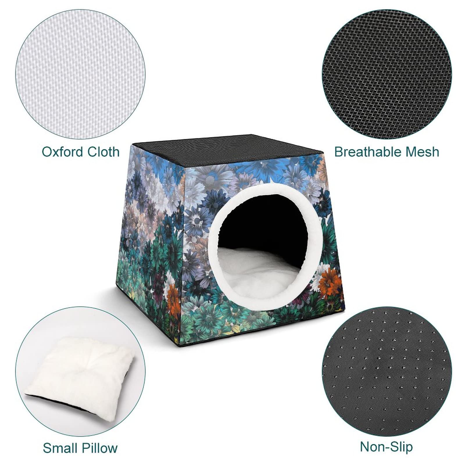 Cozy Indoor Cat House Bed & Sofa - Printed Cat Cube with Soft Pillow for Kittens & Small Dogs - Oil Painting Floral Design - Perfect for Pet Lounging & Home Decor