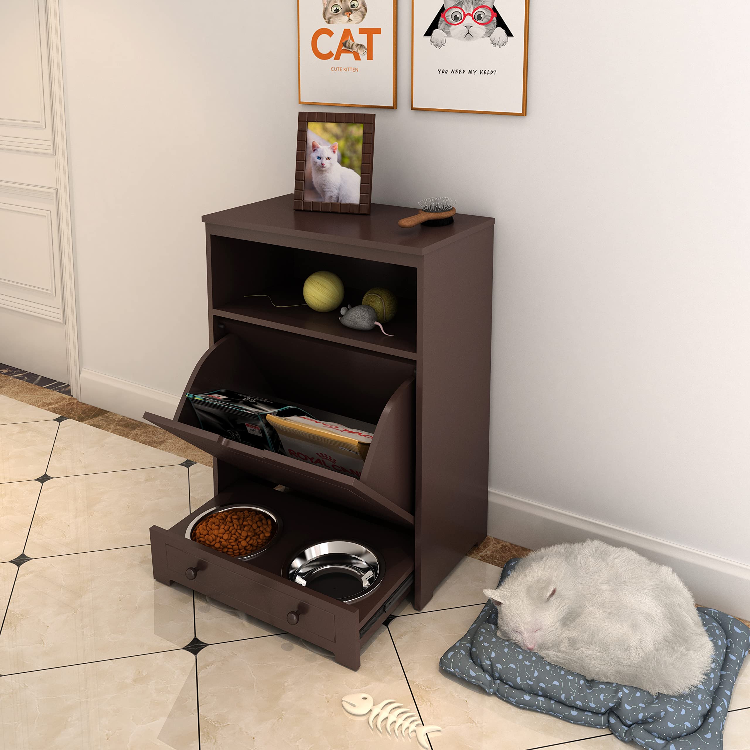 Premium Dog Food Storage Cabinet with 2 Stainless Steel Bowls - Pet Feeding Station & Toy Organizer for Dogs and Cats - Space-Saving Brown Furniture for Kitchen or Laundry Room