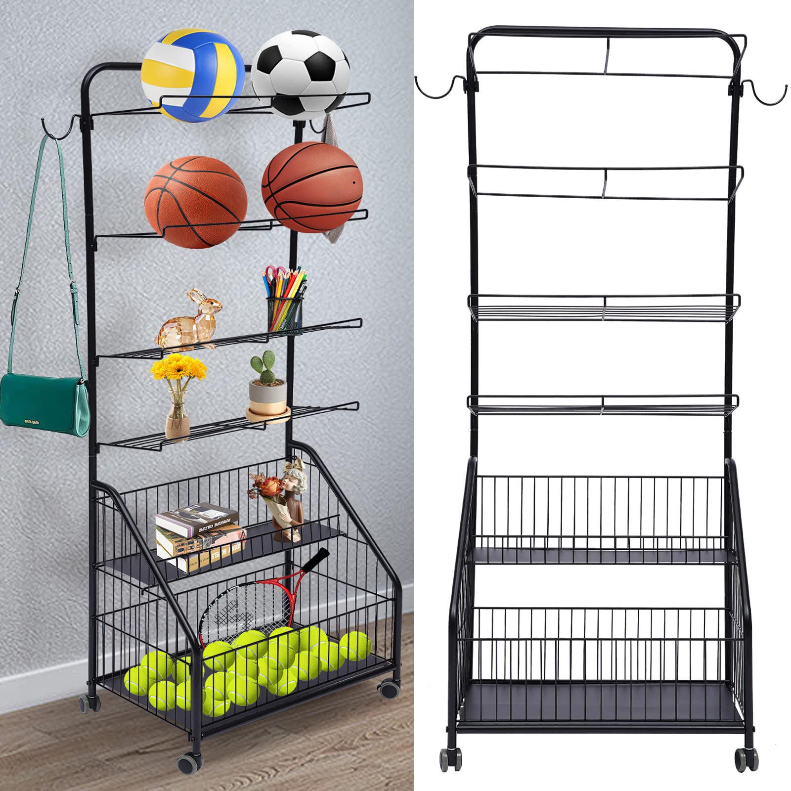 Steel Rolling Sports Ball Storage Cart with Baskets & Hooks - Garage Organizer for Basketball, Soccer, Football Equipment - Durable Black Ball Rack for Kids Toys & Sports Gear Storage - Perfect for Home, Gym, Playroom Organization