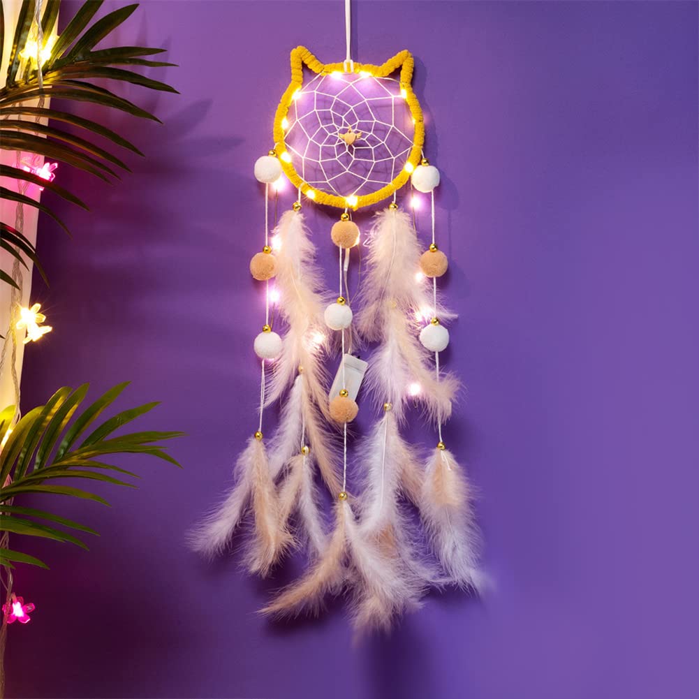 LED Light Up Feather Dream Catcher - Cat Shaped Night Light with Fairy String Lights for Bedroom Decor, Boho Wall Hanging for Girls, Boys, Kids & Adults | Perfect for Nursery, Dorm Room, Meditation Space & Gift Giving