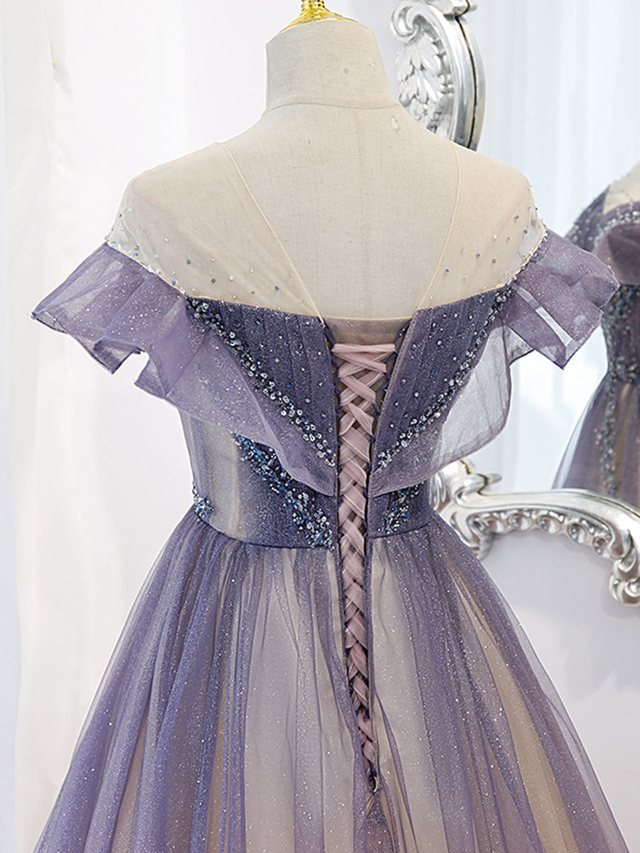 Elegant Purple Off-Shoulder Tulle Sequin Long Prom Dress for Women | Formal Evening Gown for Homecoming, Ball, Wedding & Special Occasions