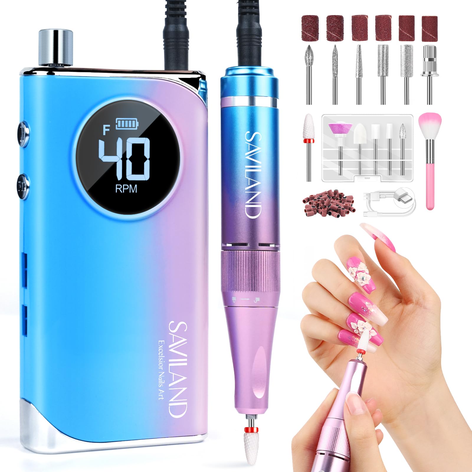 SAVILAND Professional Electric Nail Drill Kit - 40000RPM High Speed Portable Nail File with 12 Drill Bits & Rechargeable Battery for Acrylic Gel Nails, Manicure & Pedicure | Perfect for Salon Use & Home Nail Care