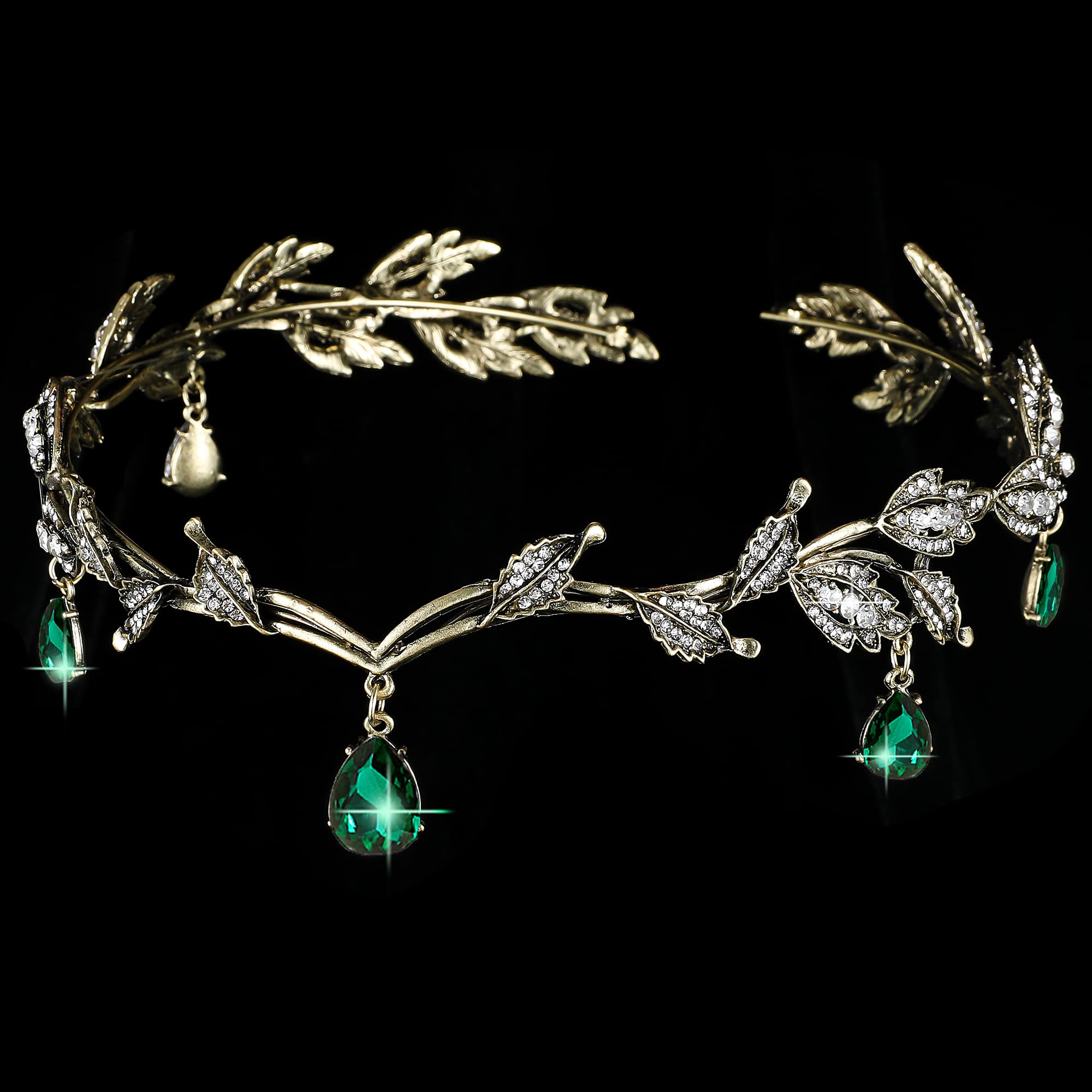 Dark Green Fairy Leaf Crown Tiara with Emerald & Rhinestones – Forest Elf Headpiece for Women & Girls – Pixie Dress Accessories, Garden Fairy Costume Jewelry – Perfect for Halloween Cosplay, Renaissance Fairs & Fantasy Themed Parties