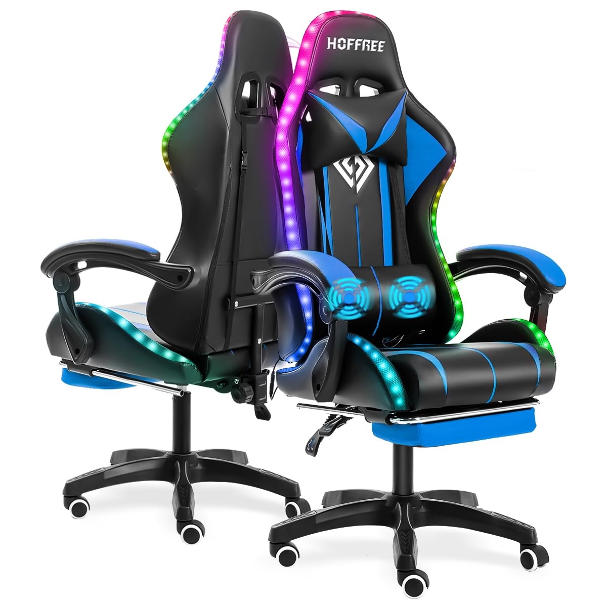 Ergonomic Gaming Chair with Massage, RGB LED Lights & Footrest - Adjustable Lumbar Support High Back Computer Desk Chair for PC & Console Gamers (Blue/Black) - Perfect for Esports, Streaming & Home Office Setup