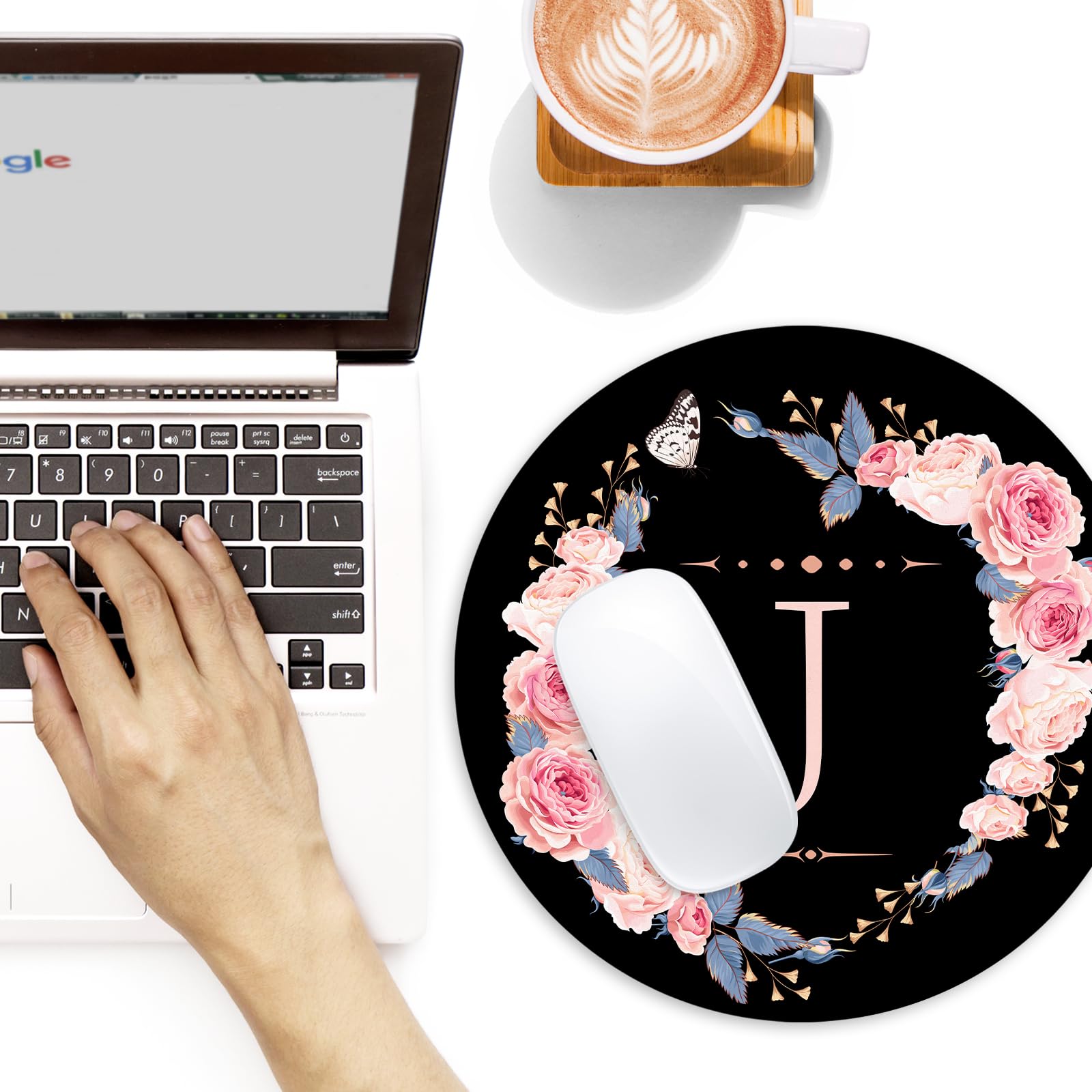 Black and Pink Floral Letter J Round Mouse Pad - Non-Slip Rubber Base, 8.7 Inch Cute Office Desk Accessory for Home & Work Computer Setup | Perfect Gift for Gamers and Professionals