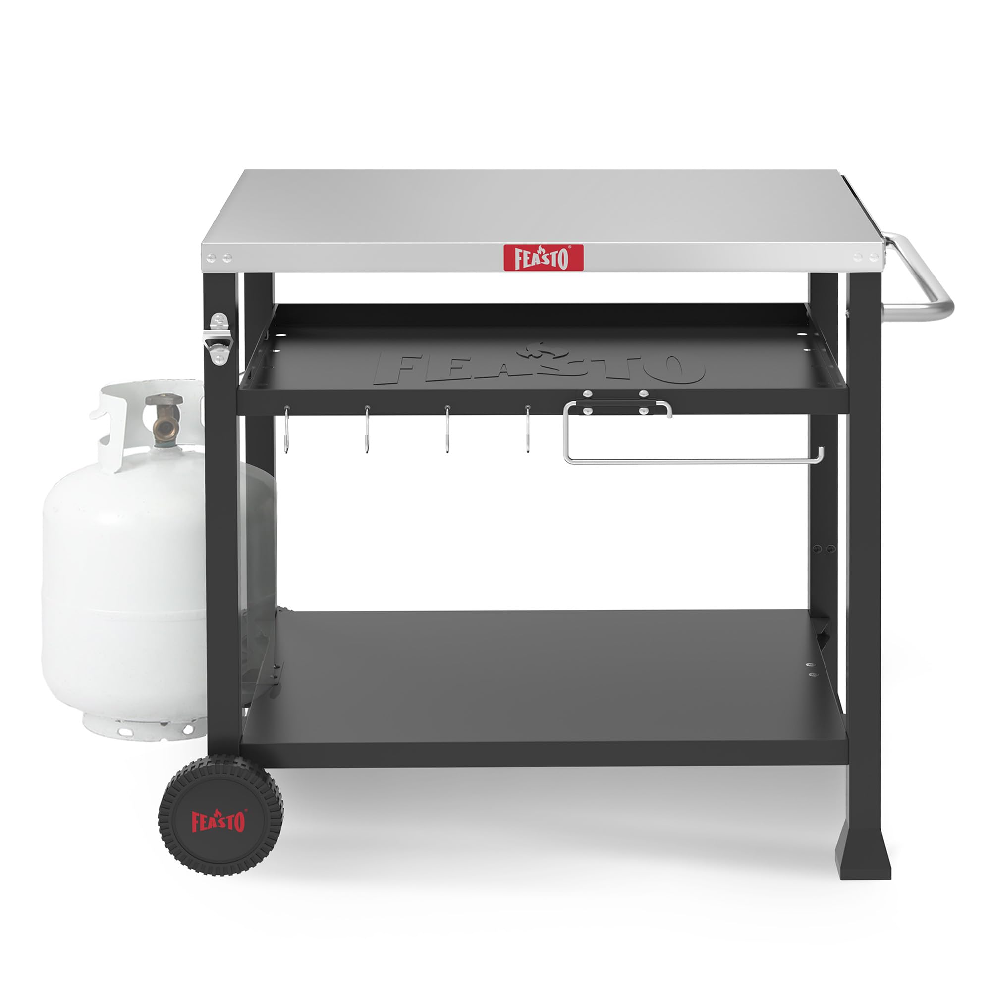 3-Shelf Outdoor Grill Table with Wheels - Portable Pizza Oven Stand for Ooni & Blackstone Griddle (33.5”x21.7”) - Heavy Duty Movable BBQ Cart for Indoor & Outdoor Cooking - Perfect for Backyard, Patio, Camping and Tailgating Parties