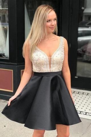 Gold V-Neck Beaded Short Homecoming Dress | Elegant Prom Dress for Women | CM838 | Perfect for Parties, Dances & Special Events